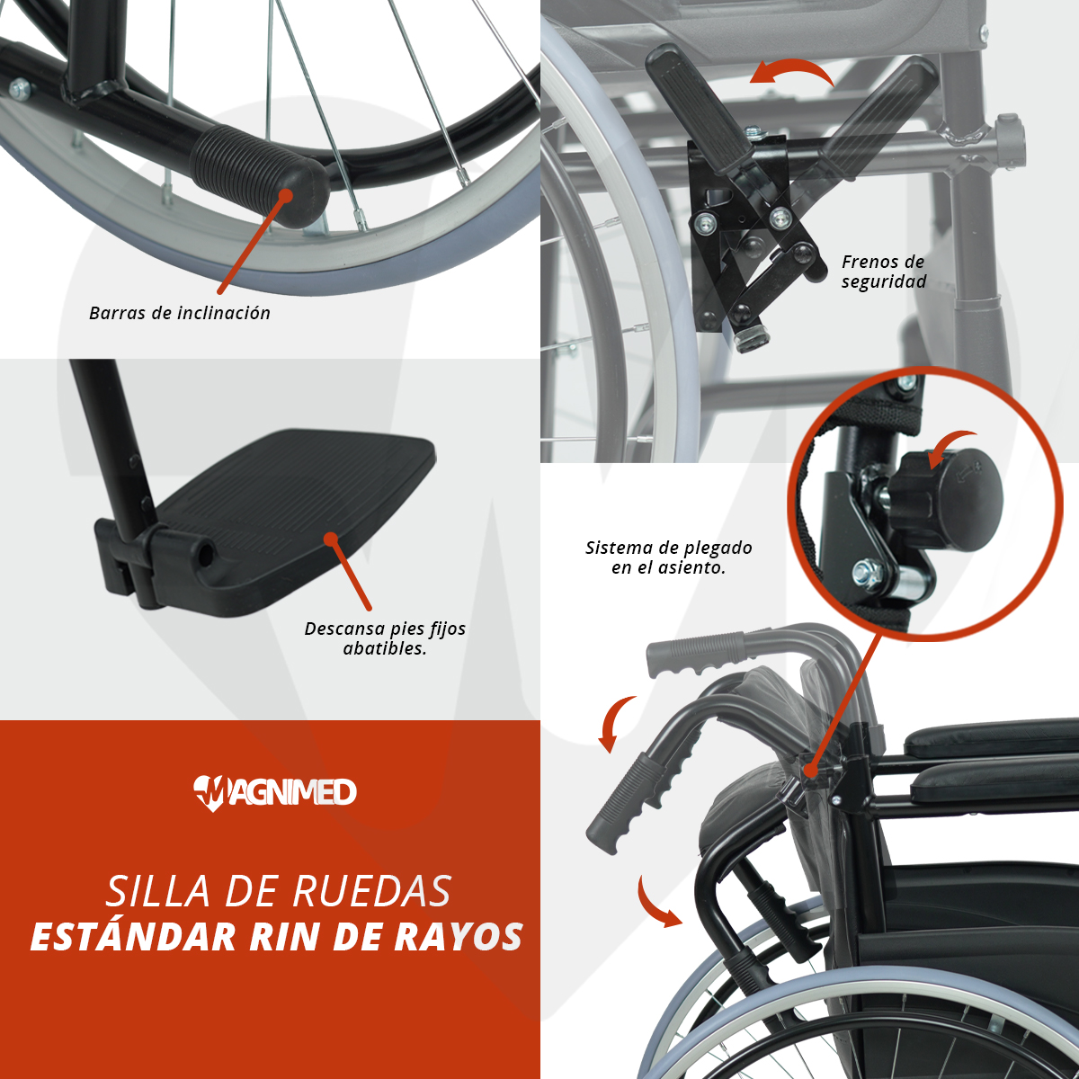 Foto 4 | Silla De Ruedas Estándar Rin De Rayos | Plegable, Respaldo Ajustable, Soporta Hasta 100 Kg