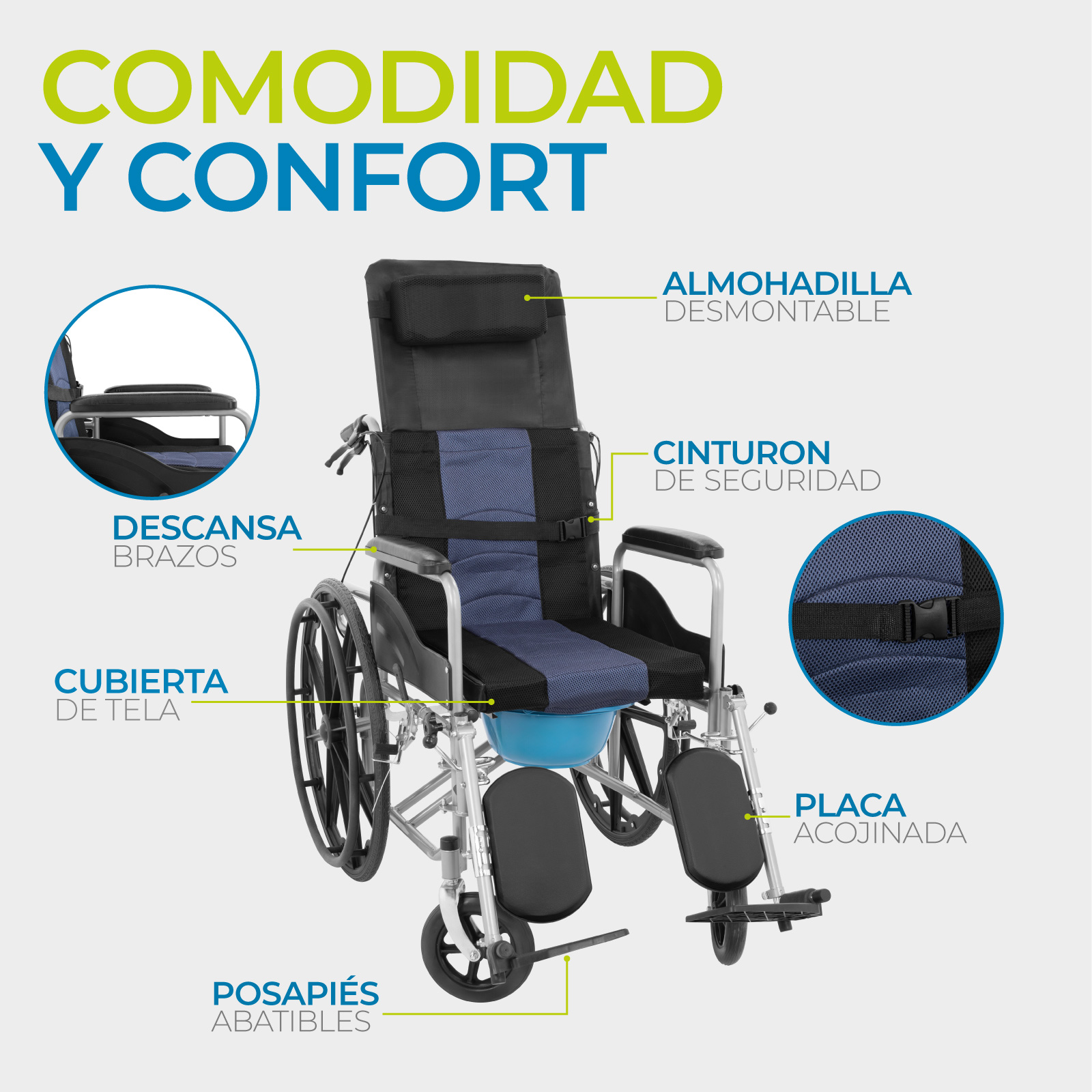 Foto 5 | Silla De Ruedas Reclinable Con Posapiés Y Wc Extraíble