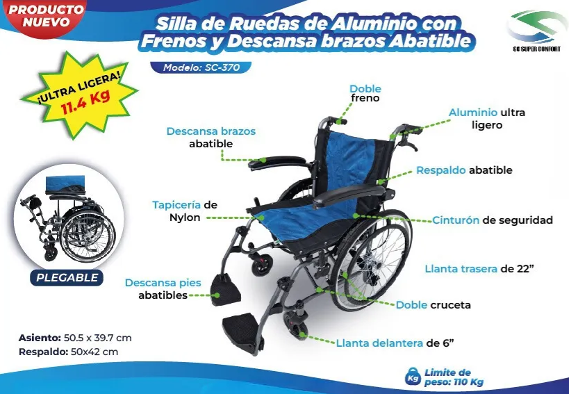 Foto 3 pulgar | Silla De Ruedas De Aluminio Ligera Azul Plegable Con Frenos