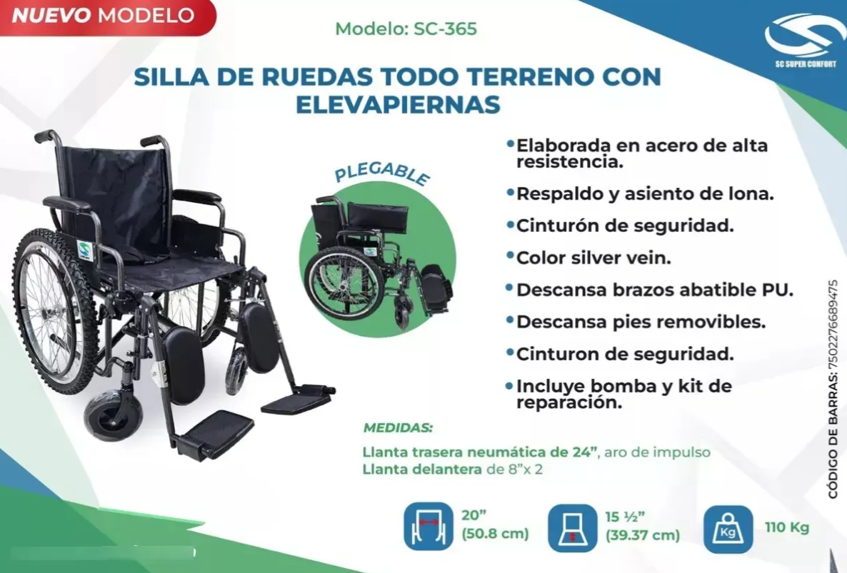Foto 4 pulgar | Silla de Ruedas de Acero SC Super Confort Todoterreno con Elevapiernas