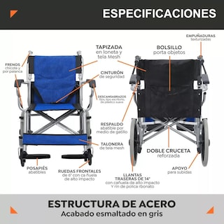 Foto 4 | Silla De Ruedas De Traslado Ligera Plegable Con Freno 4x4