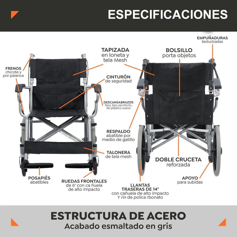 Foto 9 pulgar | Silla De Ruedas De Traslado Ligera Plegable Con Freno 4x4