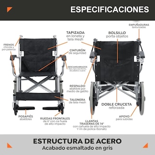 Foto 8 | Silla De Ruedas De Traslado Ligera Plegable Con Freno 4x4