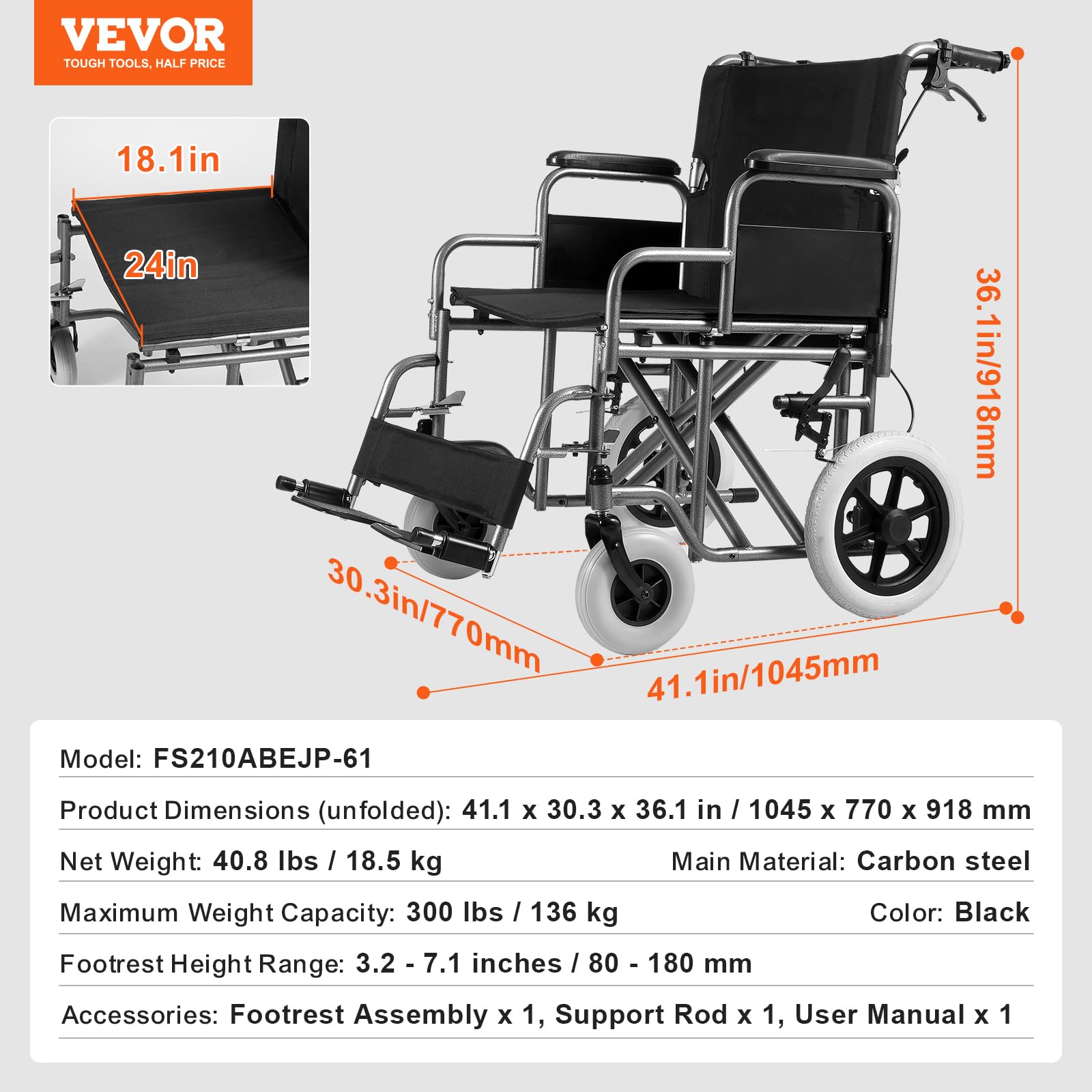 Foto 6 | Silla De Ruedas Vevor Carbon Steel Transport 24 Pulgadas 136 Kg - Venta Internacional.