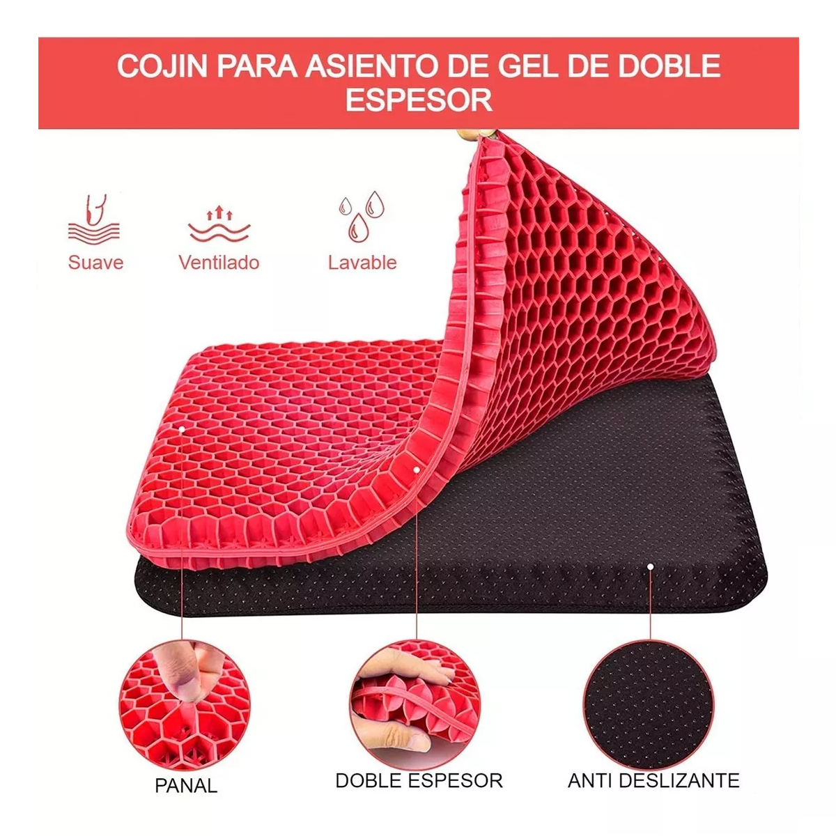 Foto 4 pulgar | Cojín Ergonómico Silicón Gel Panal Asiento Auto Silla Cómodo Rojo