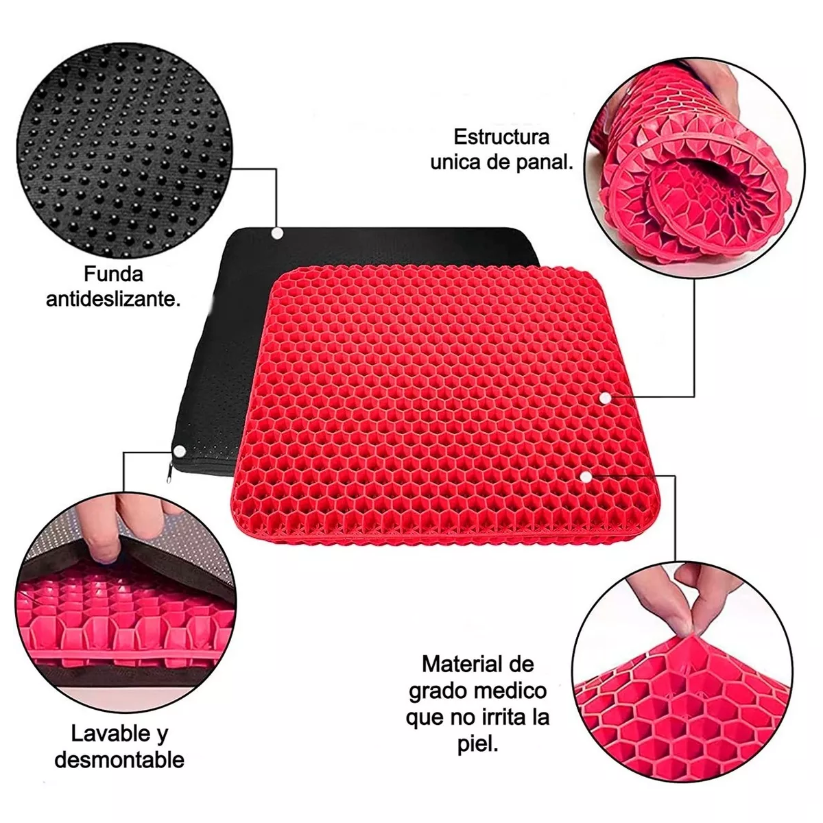 Foto 5 pulgar | Cojín Ergonómico Silicón Gel Panal Asiento Auto Silla Cómodo Rojo