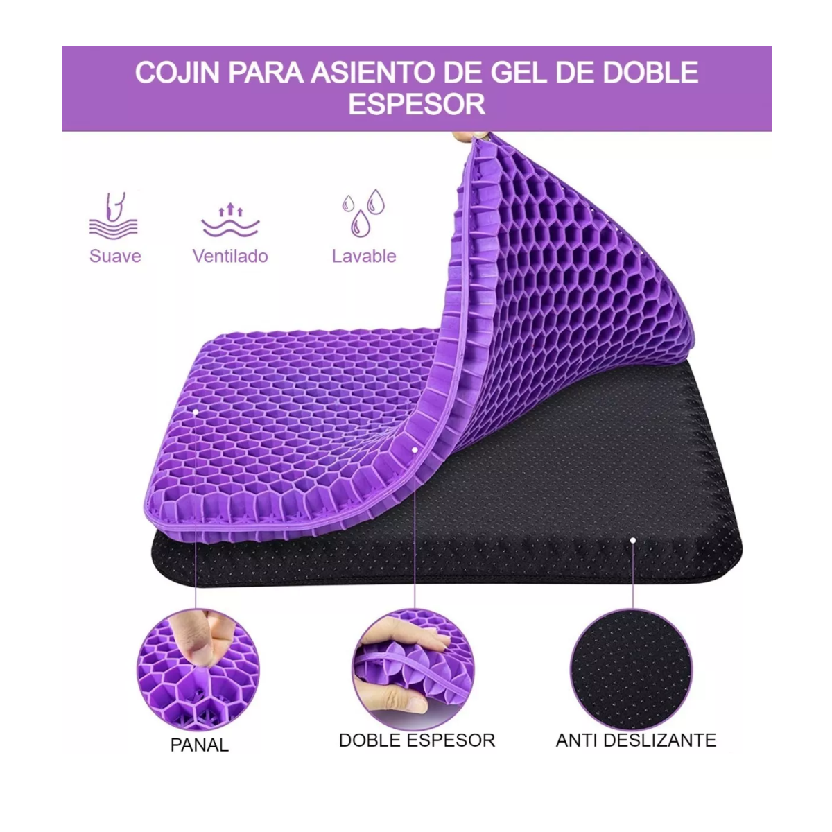 Foto 5 pulgar | Cojín Flexible Ortopédico Púrpura de Gel Transpirable Coxis para Hemorroides