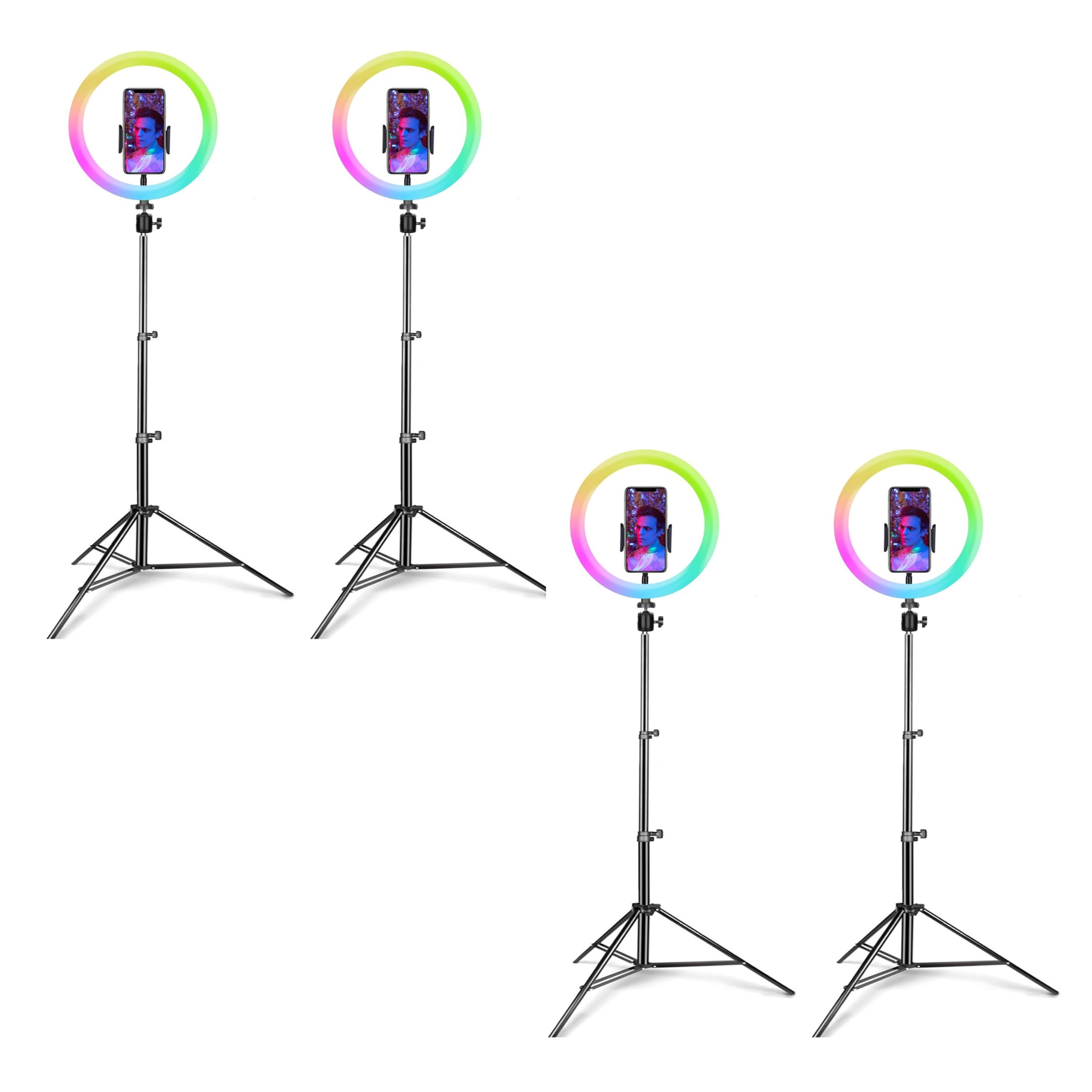 Aro Led Rgb de 10 Pulgadas con Trípode Abatible 2m con Soporte para Teléfono Rotación 360 Grados 4 Piezas