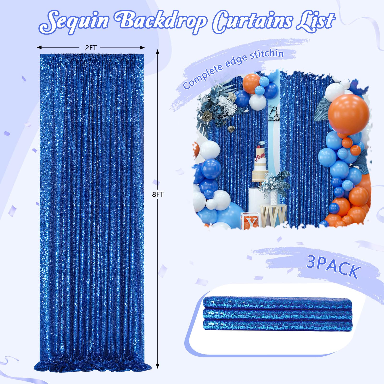 Foto 3 pulgar | Cortinas Con Fondo Brillante Queendream, Lentejuelas Azul Real, X3 - Venta Internacional.