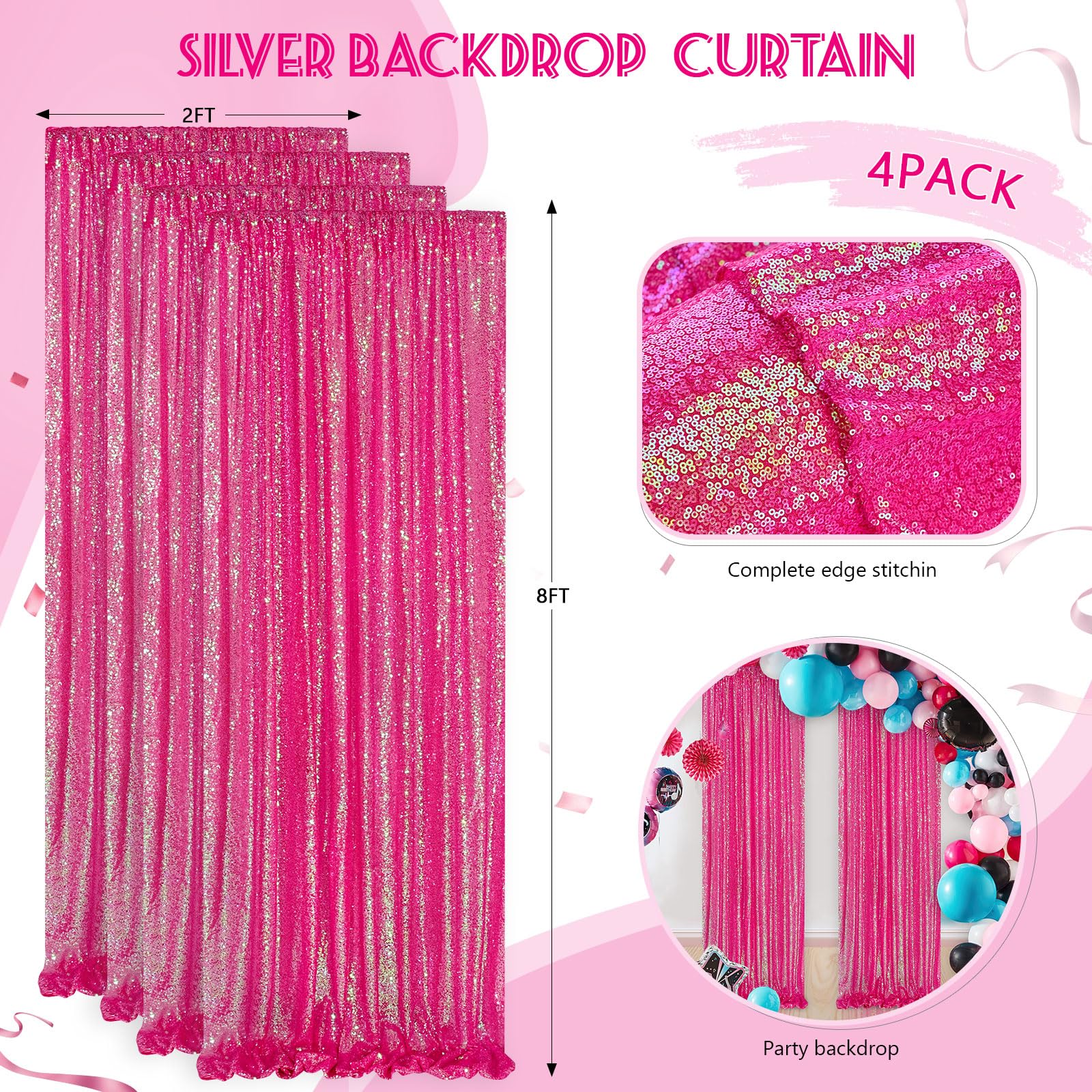Foto 4 pulgar | Cortinas Con Fondo De Lentejuelas Iridiscentes, Color Rosa Intenso, 60 X 240 Cm, 4 Unidades - Venta Internacional.