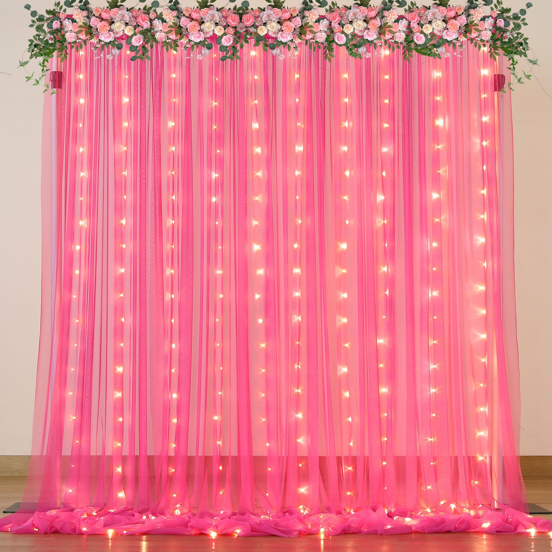 Cortina De Telón De Fondo Suppromo De Tul Rosa Intenso Con Luces, 3 X 2,4 M - Venta Internacional.