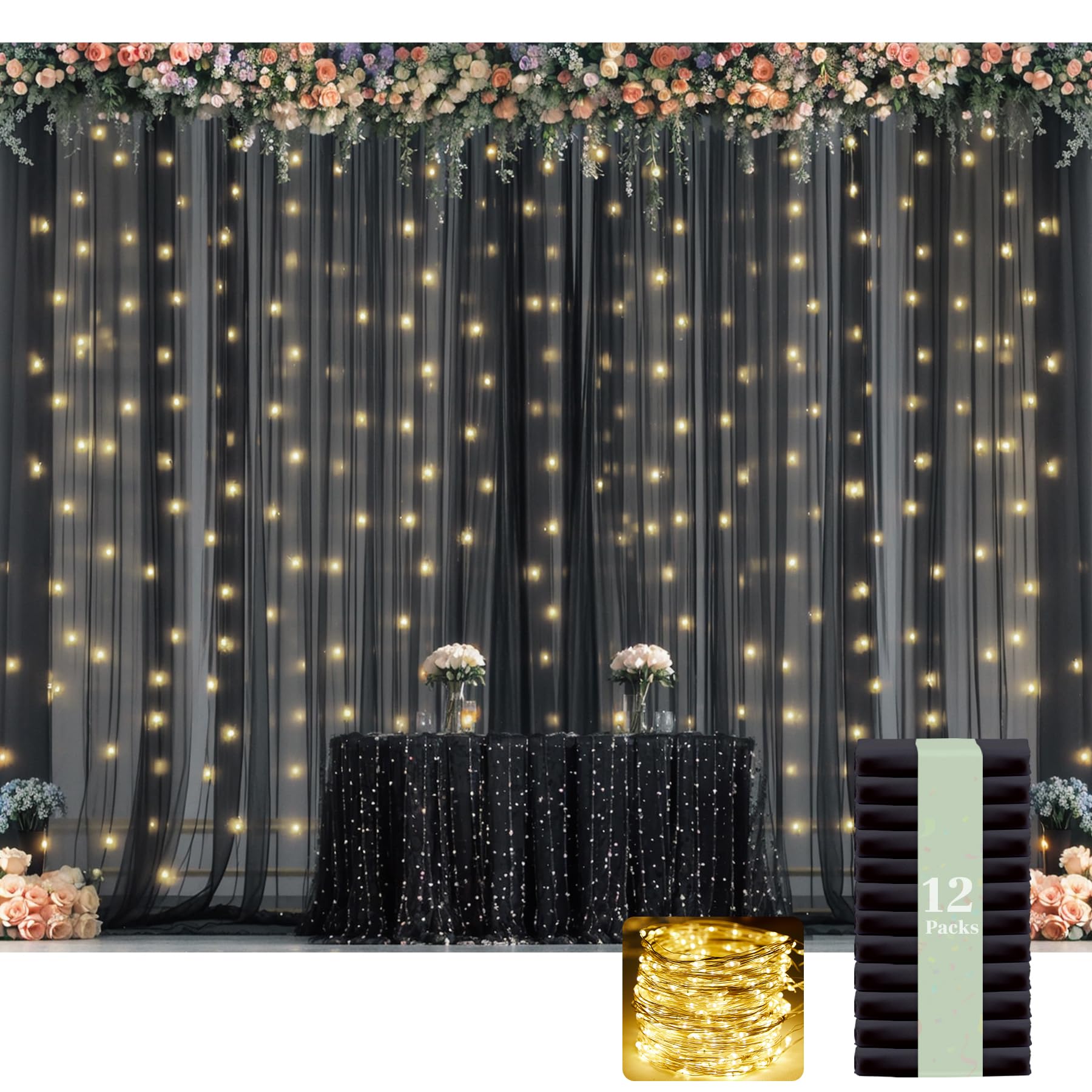 Foto 2 pulgar | Cortinas De Fondo Suppromo Negras Transparentes Con Luces De 18 M X 2,4 M - Venta Internacional.