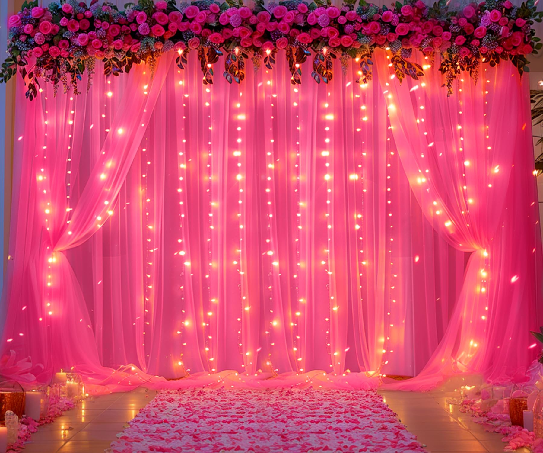 Cortina De Telón Suppromo De Tul Rosa Intenso Con Luces, 18 X 3 M - Venta Internacional.