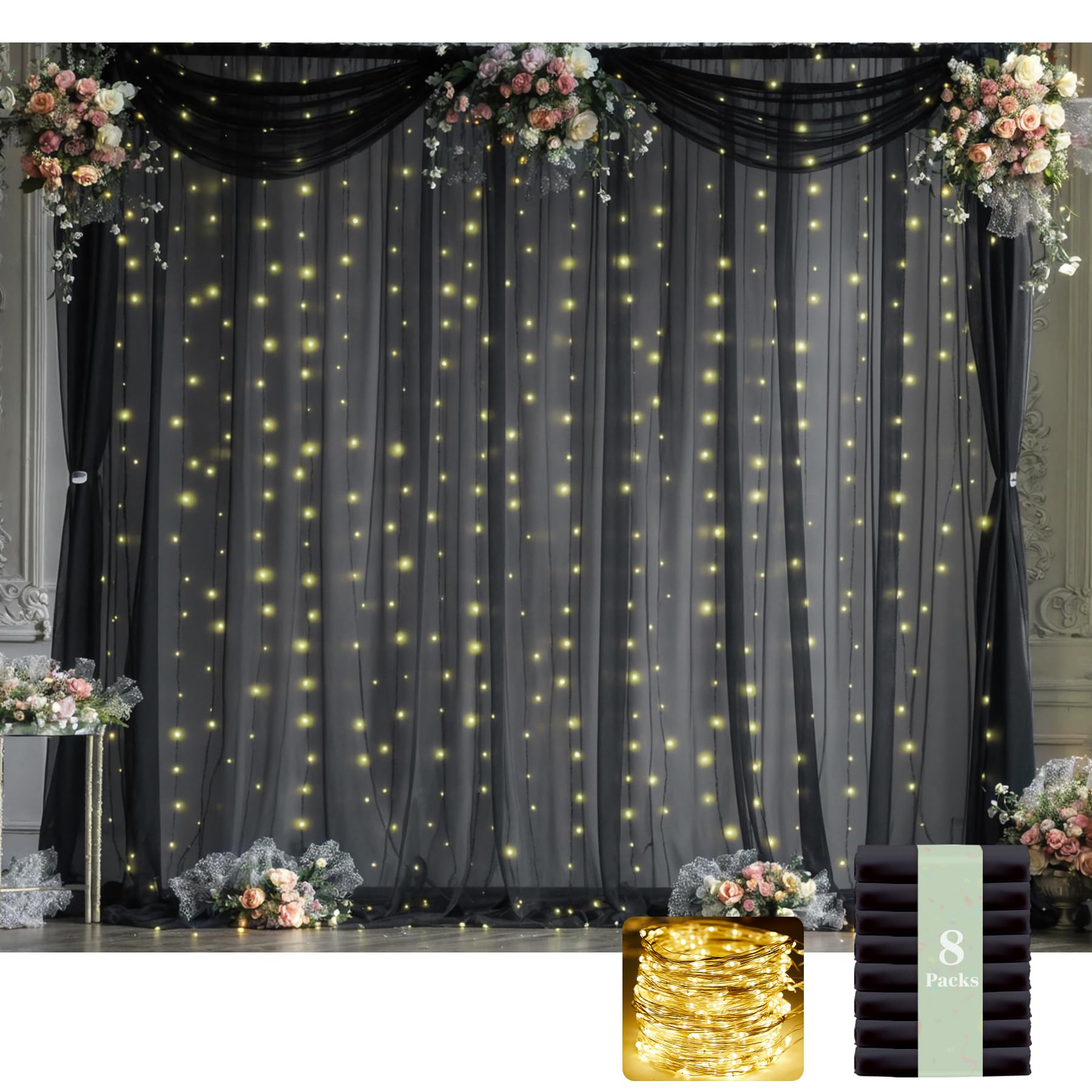 Foto 2 pulgar | Cortina De Telón De Fondo Suppromo De Tul Negro Con Luces, 12 M X 2,4 M - Venta Internacional.
