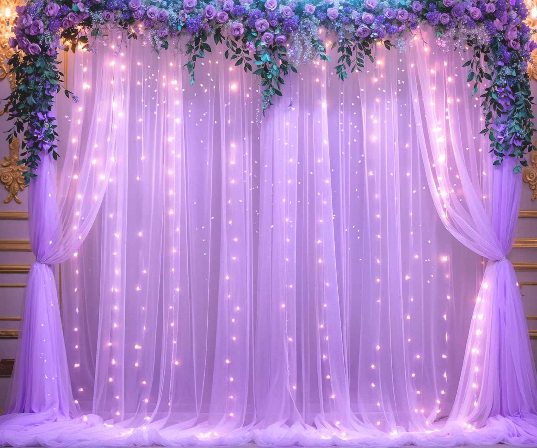 Cortina De Telón De Fondo Suppromo De Tul Lavanda Con Luces, 9 X 2,4 M - Venta Internacional.