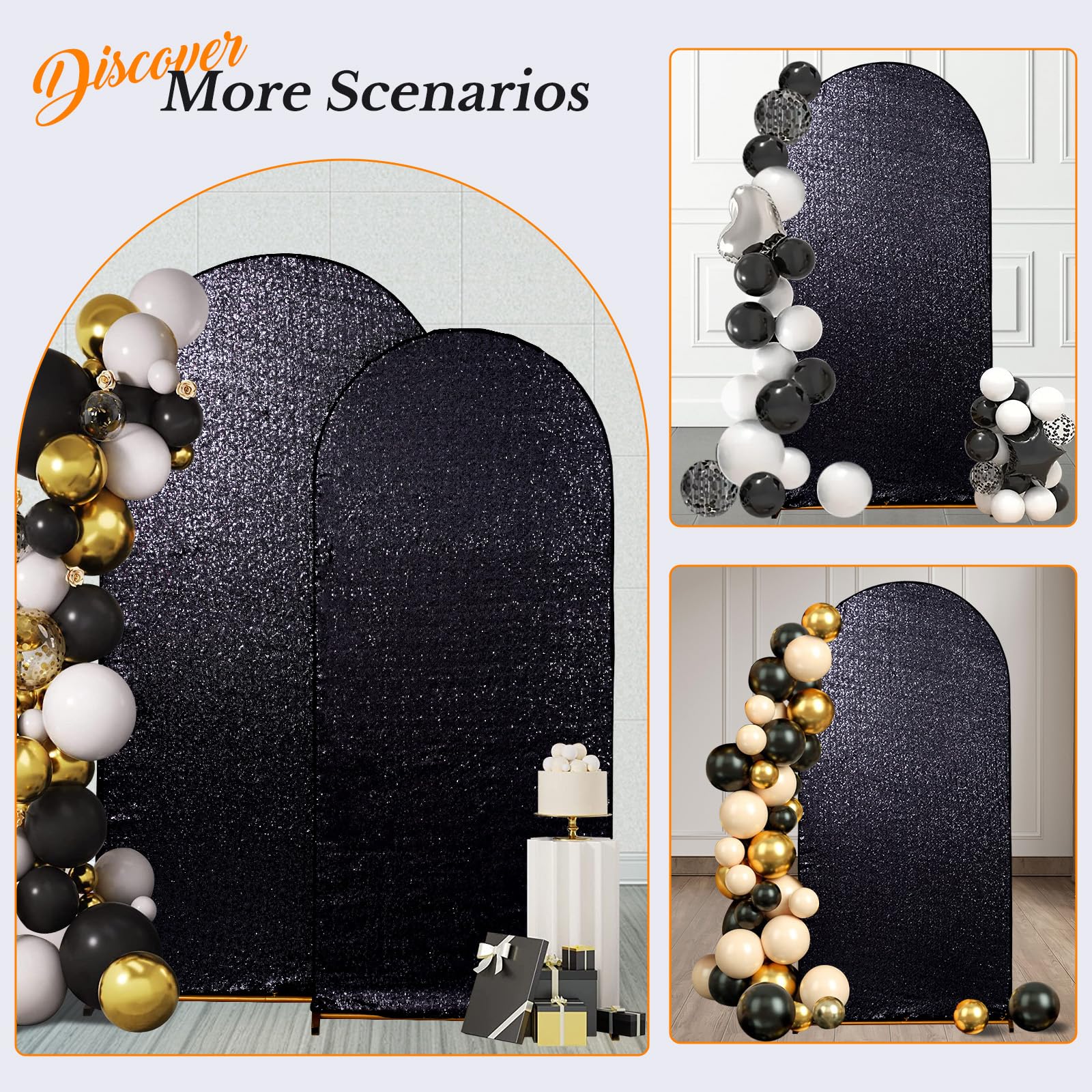 Foto 7 | Funda De Telón De Fondo Con Forma De Arco Eternal Beauty, Satén, Lentejuelas Negras - Venta Internacional.