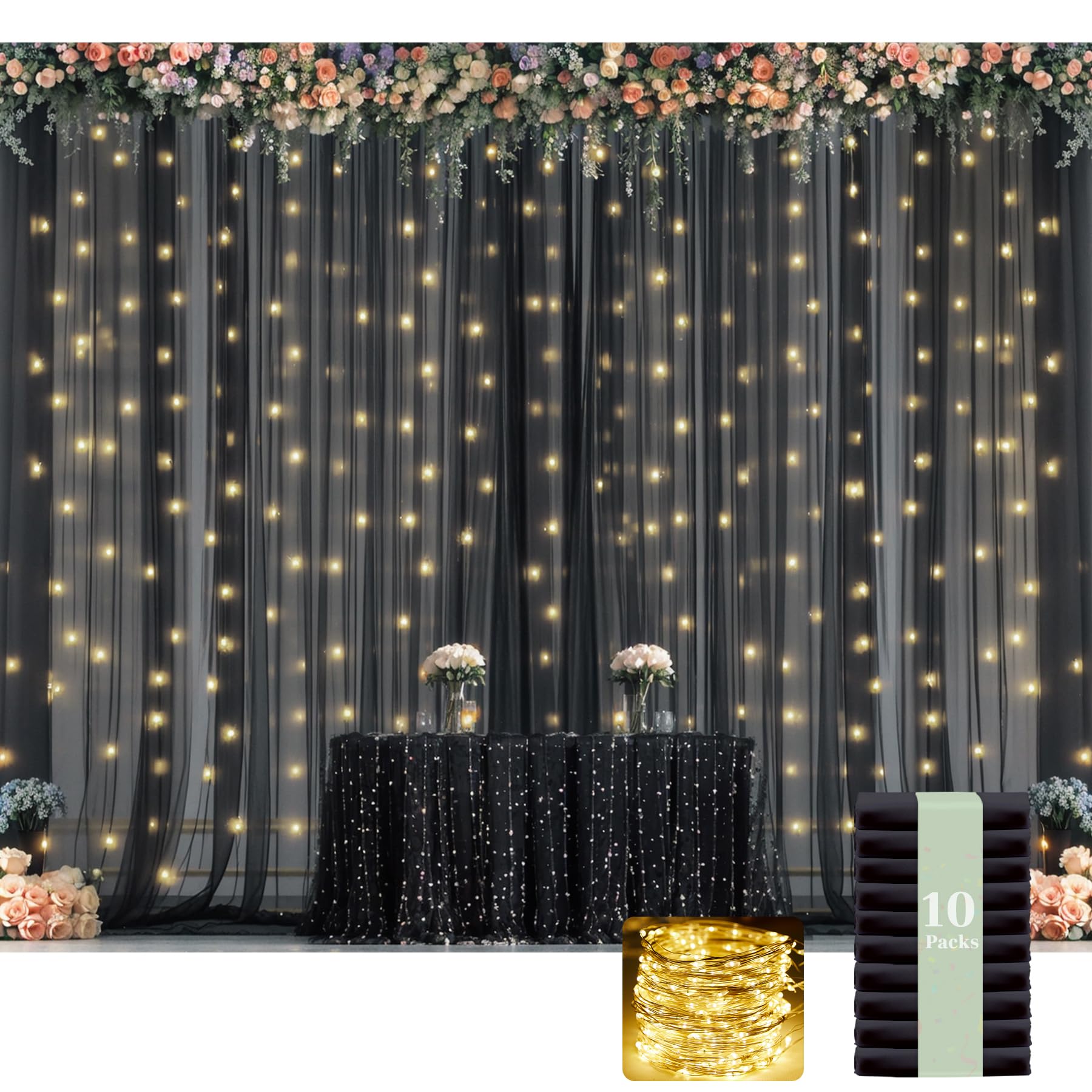 Cortina De Telón De Fondo Suppromo De Tul Negro Transparente Con Luces, 15 X 3 M - Venta Internacional.