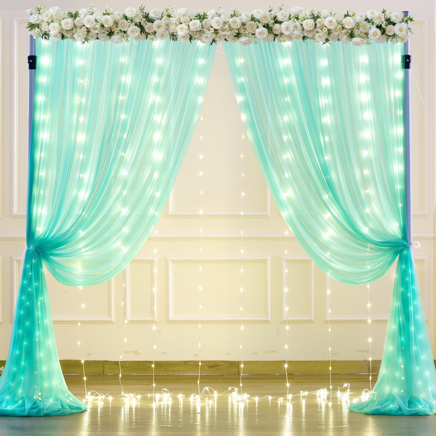 Foto 3 pulgar | Cortina de Tul Verde Salvia con Luces para Decoración de Eventos - Venta Internacional