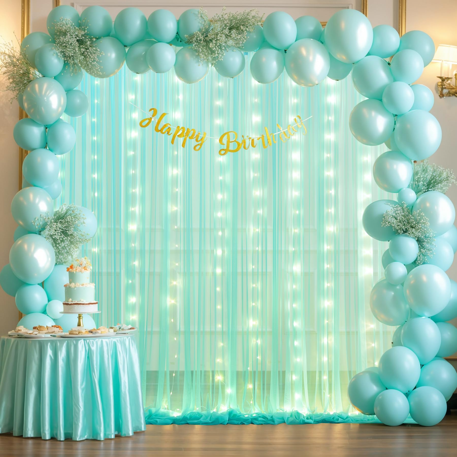 Foto 5 pulgar | Cortina de Tul Verde Salvia con Luces para Decoración de Eventos - Venta Internacional