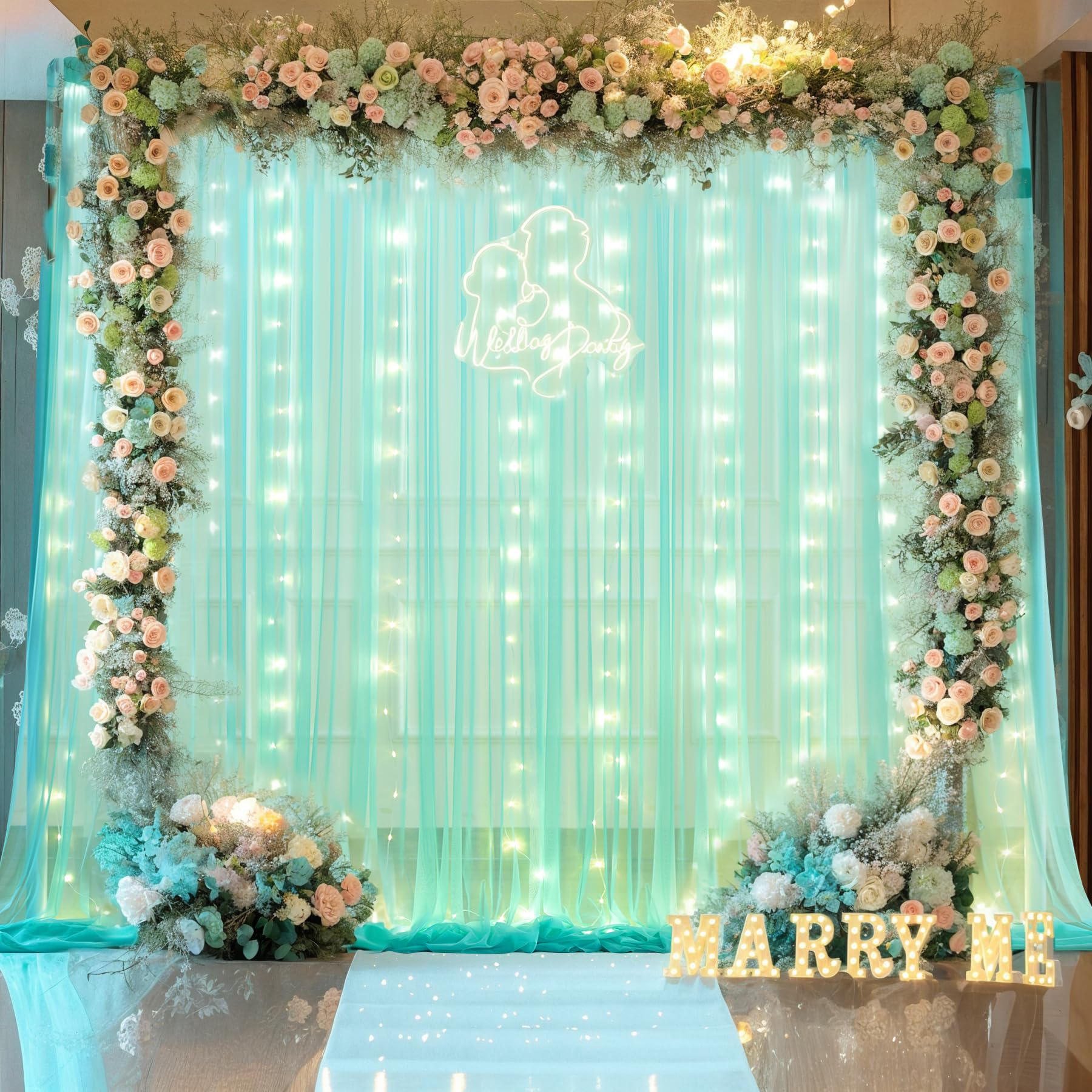 Foto 6 pulgar | Cortina de Tul Verde Salvia con Luces para Decoración de Eventos - Venta Internacional
