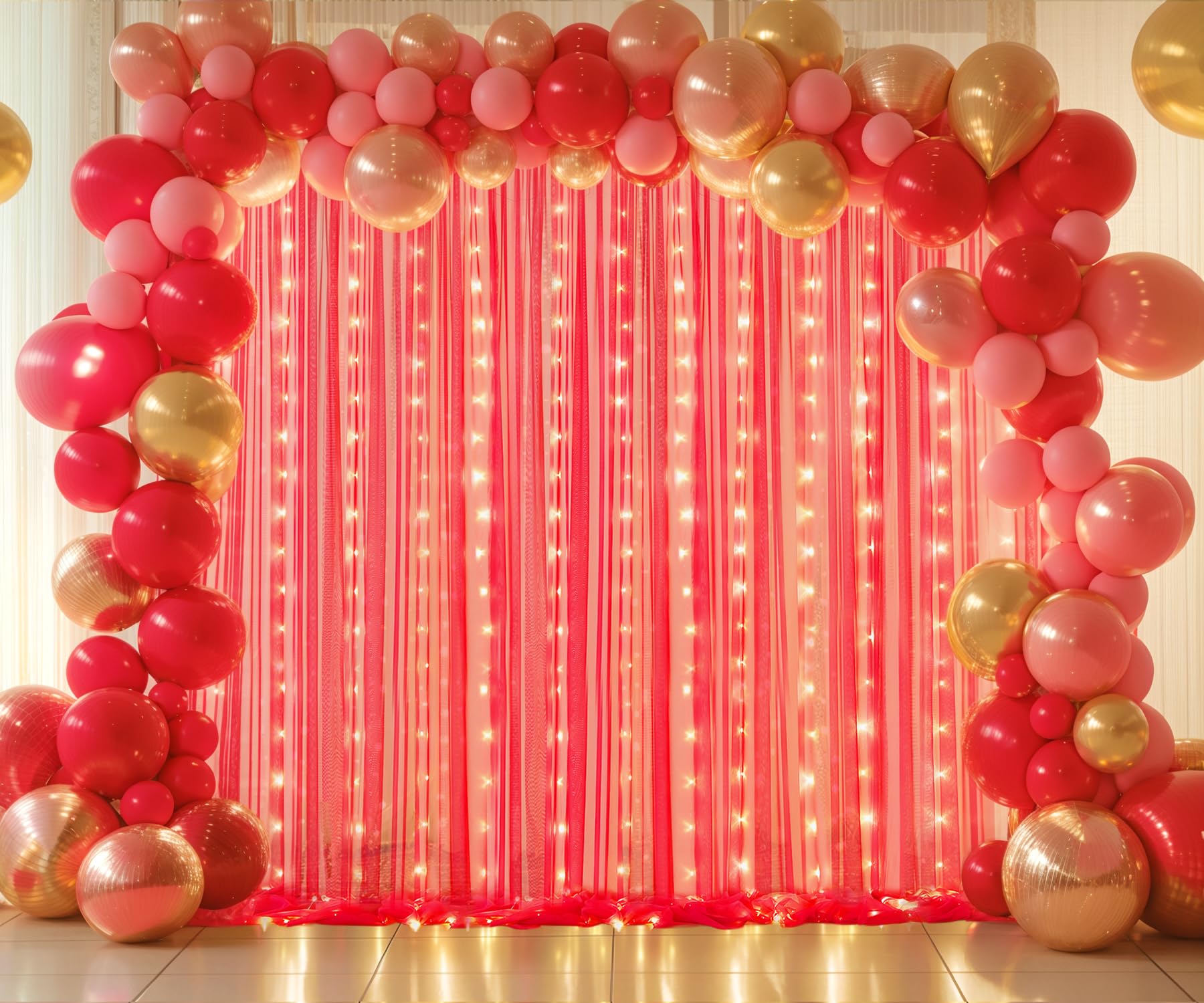 Foto 2 | Cortina De Telón De Fondo Suppromo De Tul Rojo Con Luces, 6 X 2,4 M - Venta Internacional.