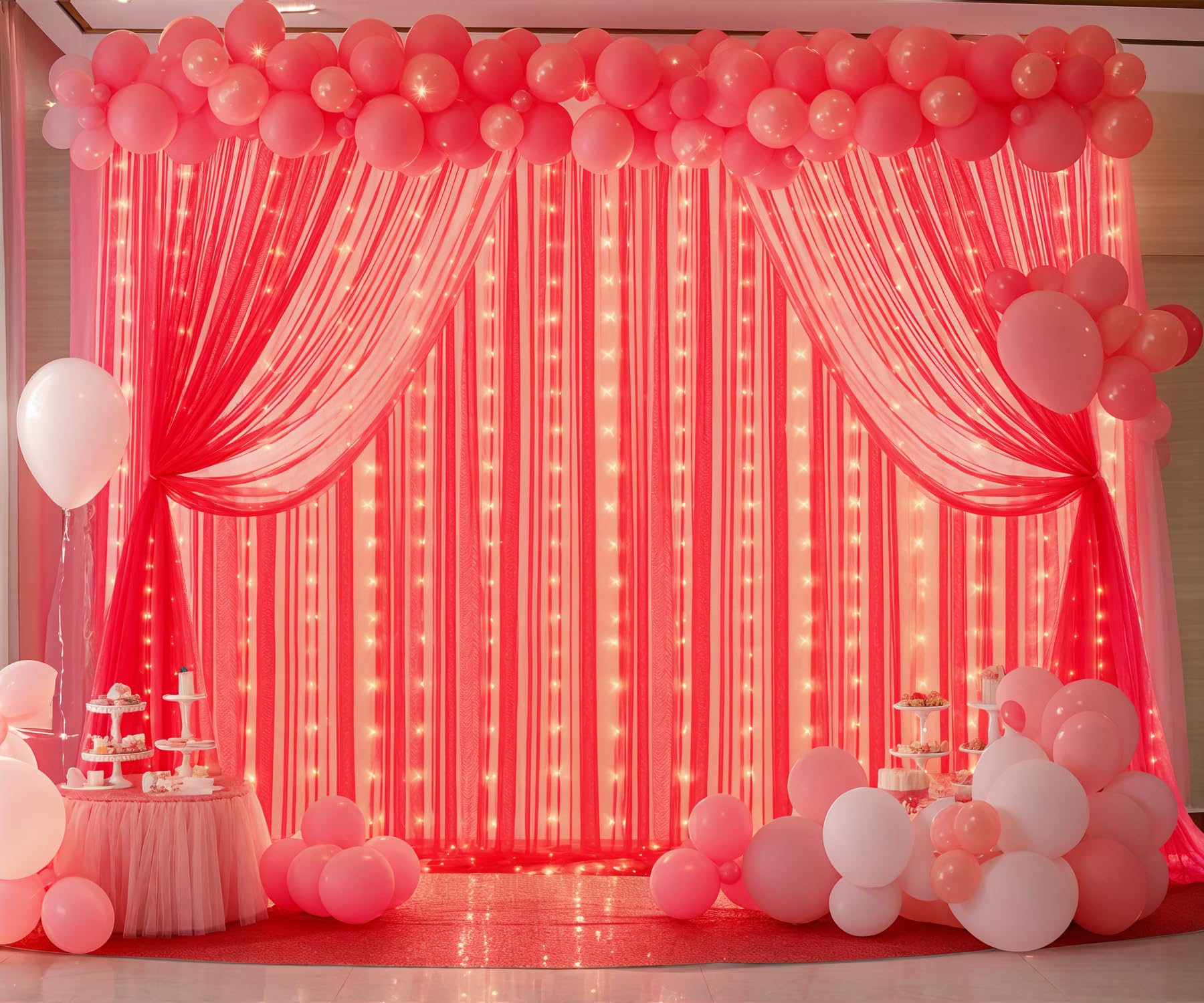 Foto 2 | Cortina De Telón De Fondo Suppromo De Tul Rojo Con Luces, 9 X 3 M, Para Fiestas - Venta Internacional.