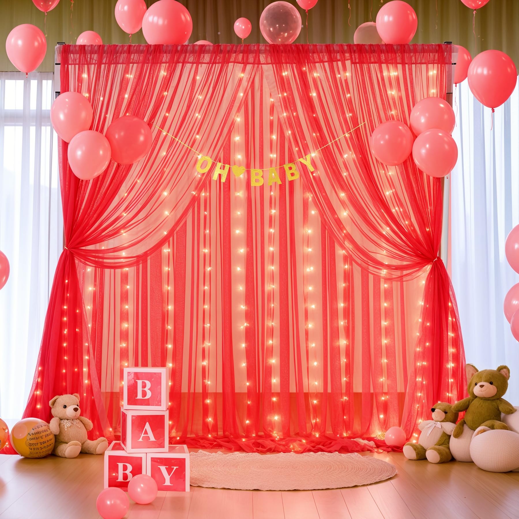 Foto 4 pulgar | Cortina De Telón De Fondo Suppromo De Tul Rojo Con Luces, 9 X 3 M, Para Fiestas - Venta Internacional.