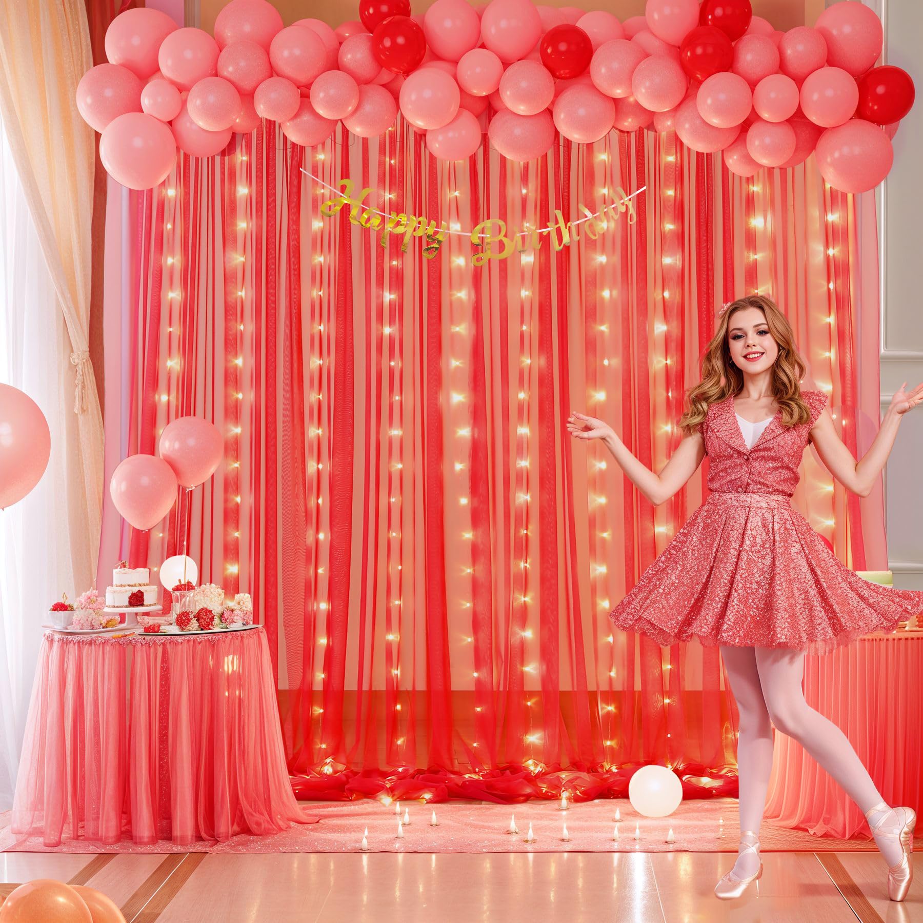 Foto 4 | Cortina De Telón De Fondo Suppromo De Tul Rojo Con Luces, 9 X 3 M, Para Fiestas - Venta Internacional.