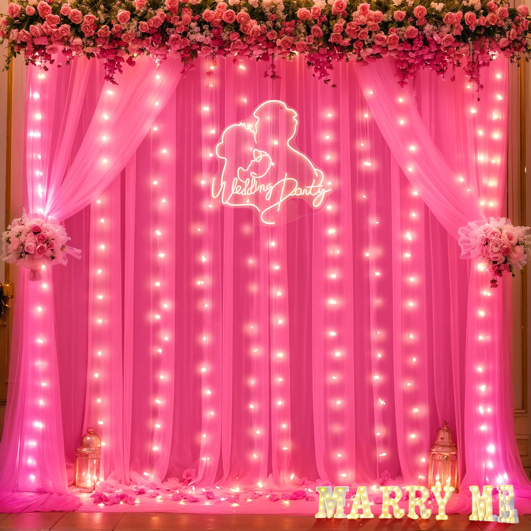 Foto 3 pulgar | Cortina De Telón De Fondo Suppromo De Tul Rosa Intenso Con Luces, 3 X 3 M - Venta Internacional.