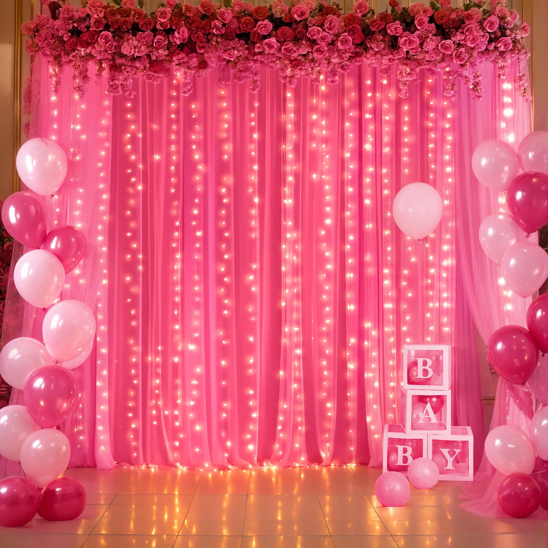 Foto 4 pulgar | Cortina De Telón De Fondo Suppromo De Tul Rosa Intenso Con Luces, 3 X 3 M - Venta Internacional.