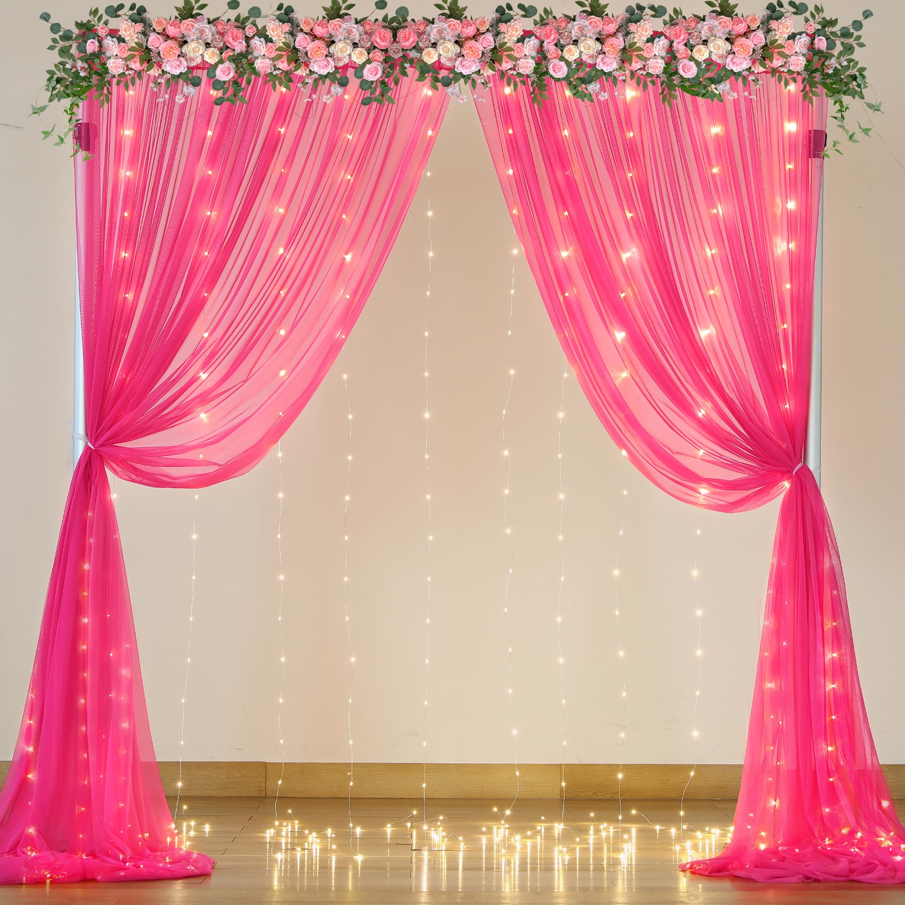 Foto 5 pulgar | Cortina De Telón De Fondo Suppromo De Tul Rosa Intenso Con Luces, 3 X 3 M - Venta Internacional.