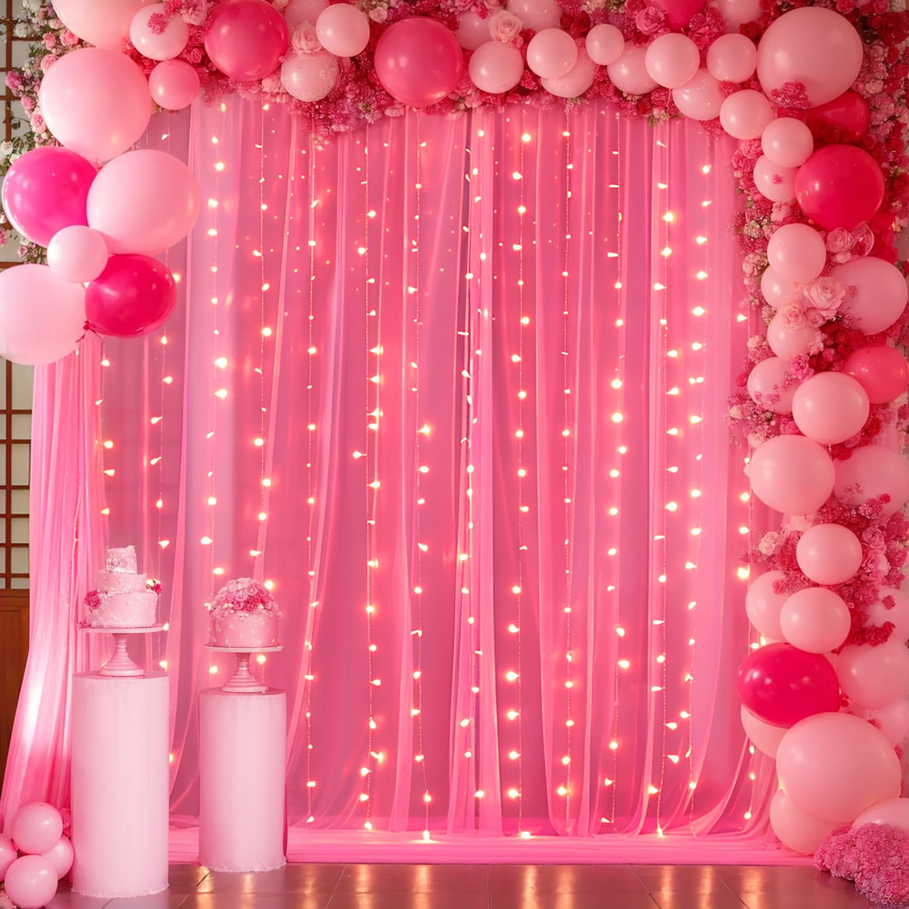 Foto 6 pulgar | Cortina De Telón De Fondo Suppromo De Tul Rosa Intenso Con Luces, 3 X 3 M - Venta Internacional.