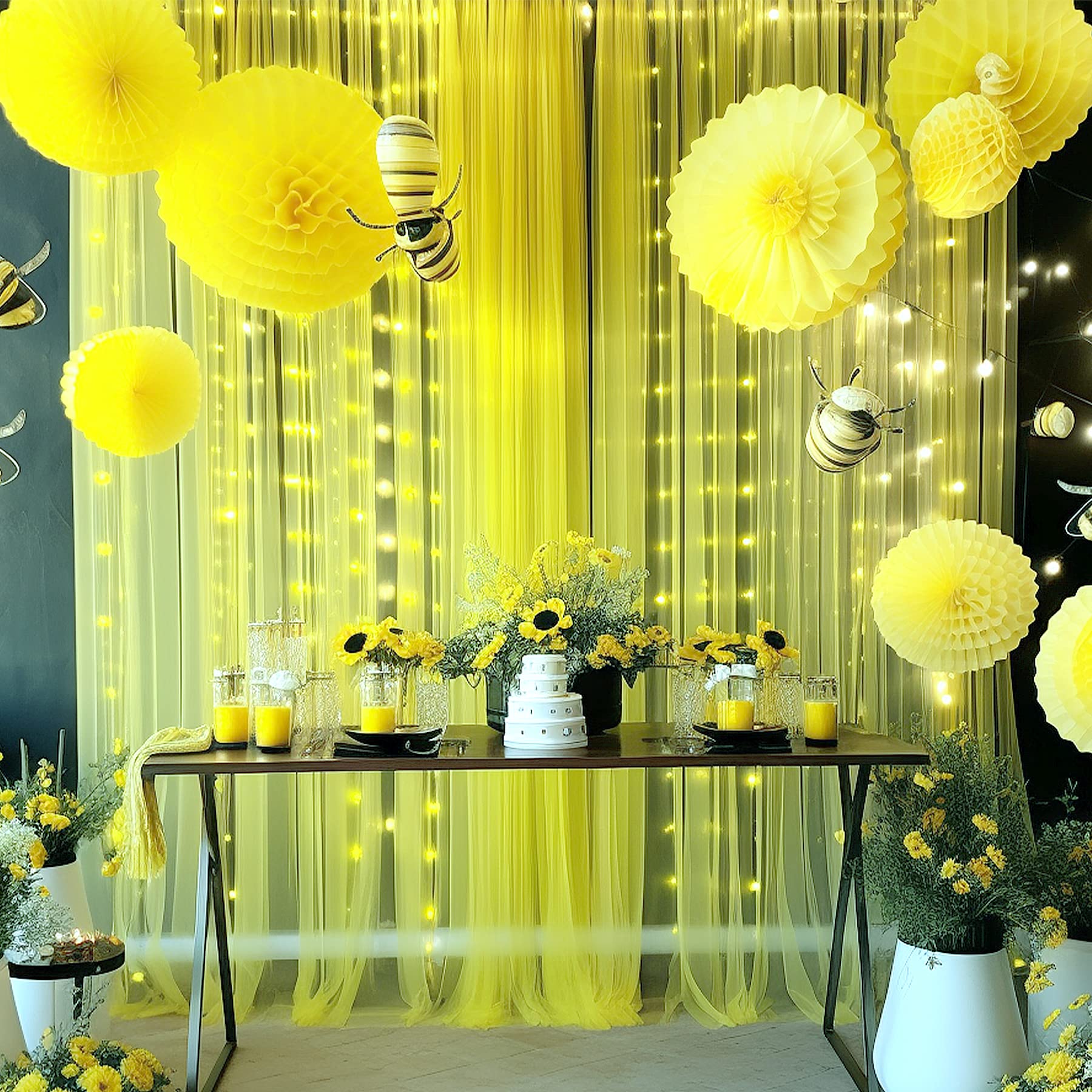 Foto 5 pulgar | Cortinas De Telón De Fondo Suppromo De Tul Amarillo Con Luces De 5 X 8 Pies, 2 Paneles - Venta Internacional.