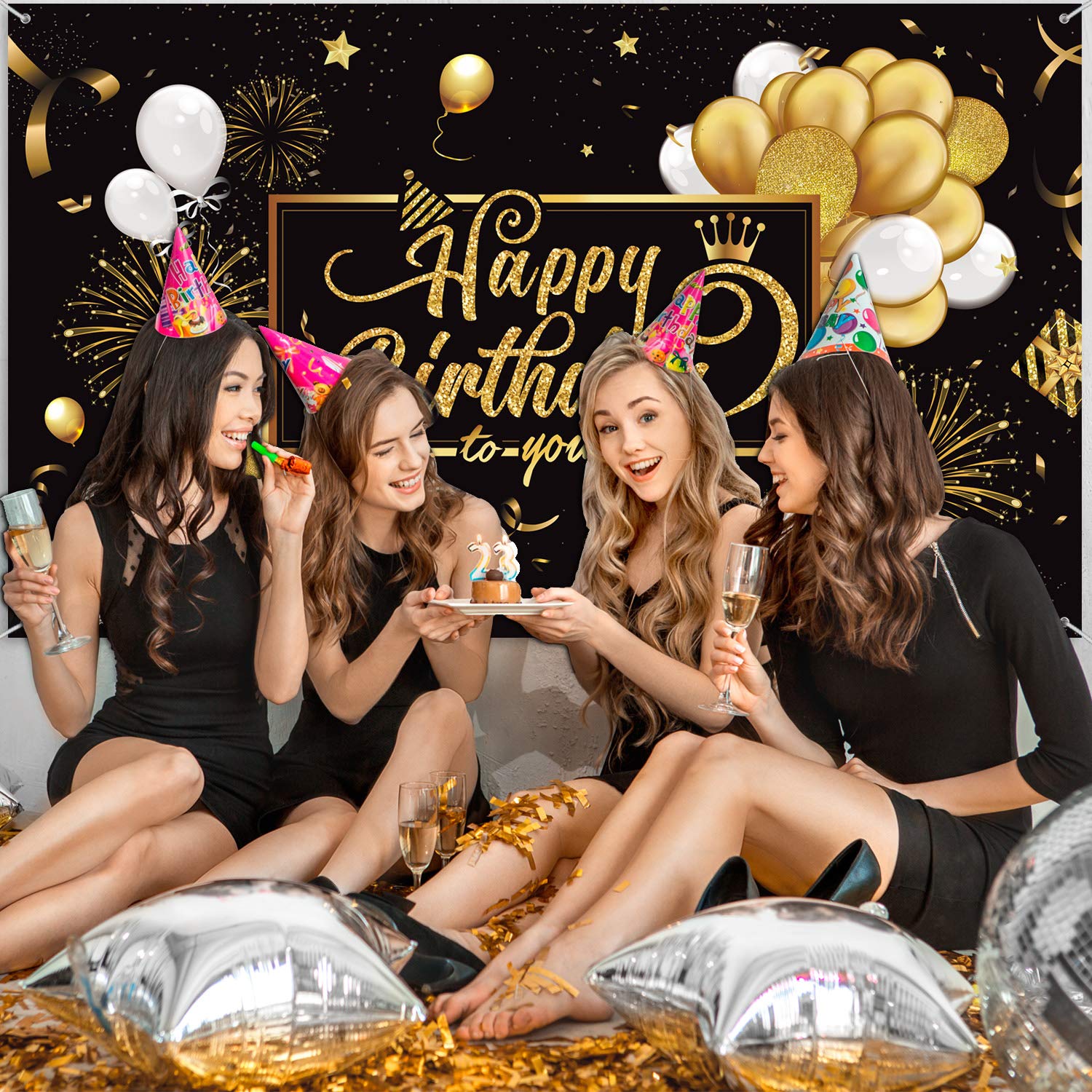 Foto 5 pulgar | Lienzo De Fondo Bulu Happy Birthday Negro Dorado 185 X 110 Cm - Venta Internacional.