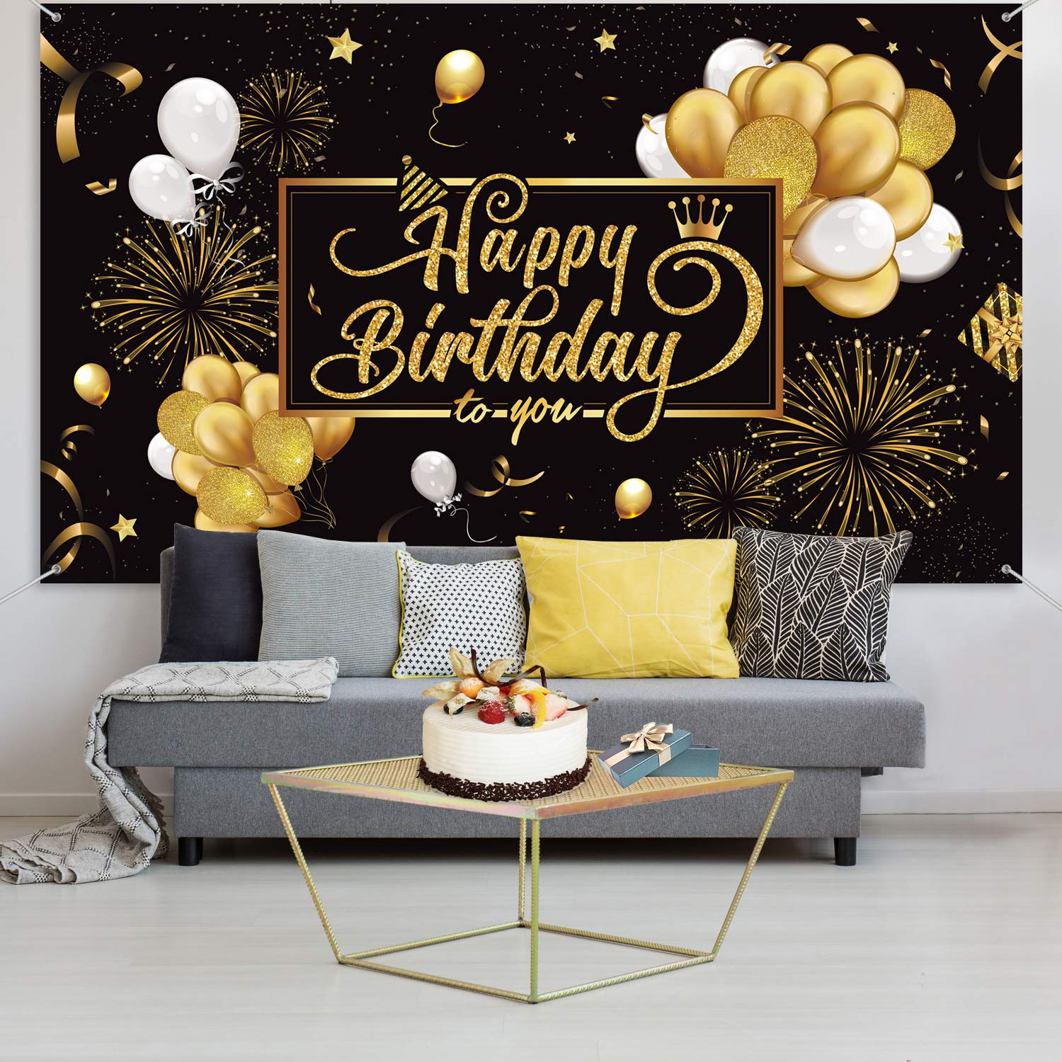 Foto 6 pulgar | Lienzo De Fondo Bulu Happy Birthday Negro Dorado 185 X 110 Cm - Venta Internacional.