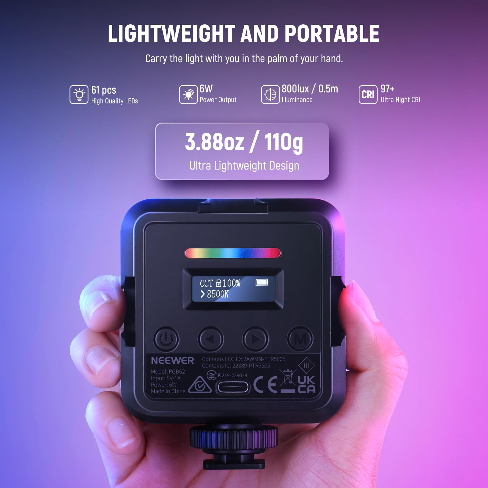 Foto 3 pulgar | Lámpara De Vídeo Rgb Neewer Rgb62 Con Control App Cri97+ 2500k-8500k - Venta Internacional.