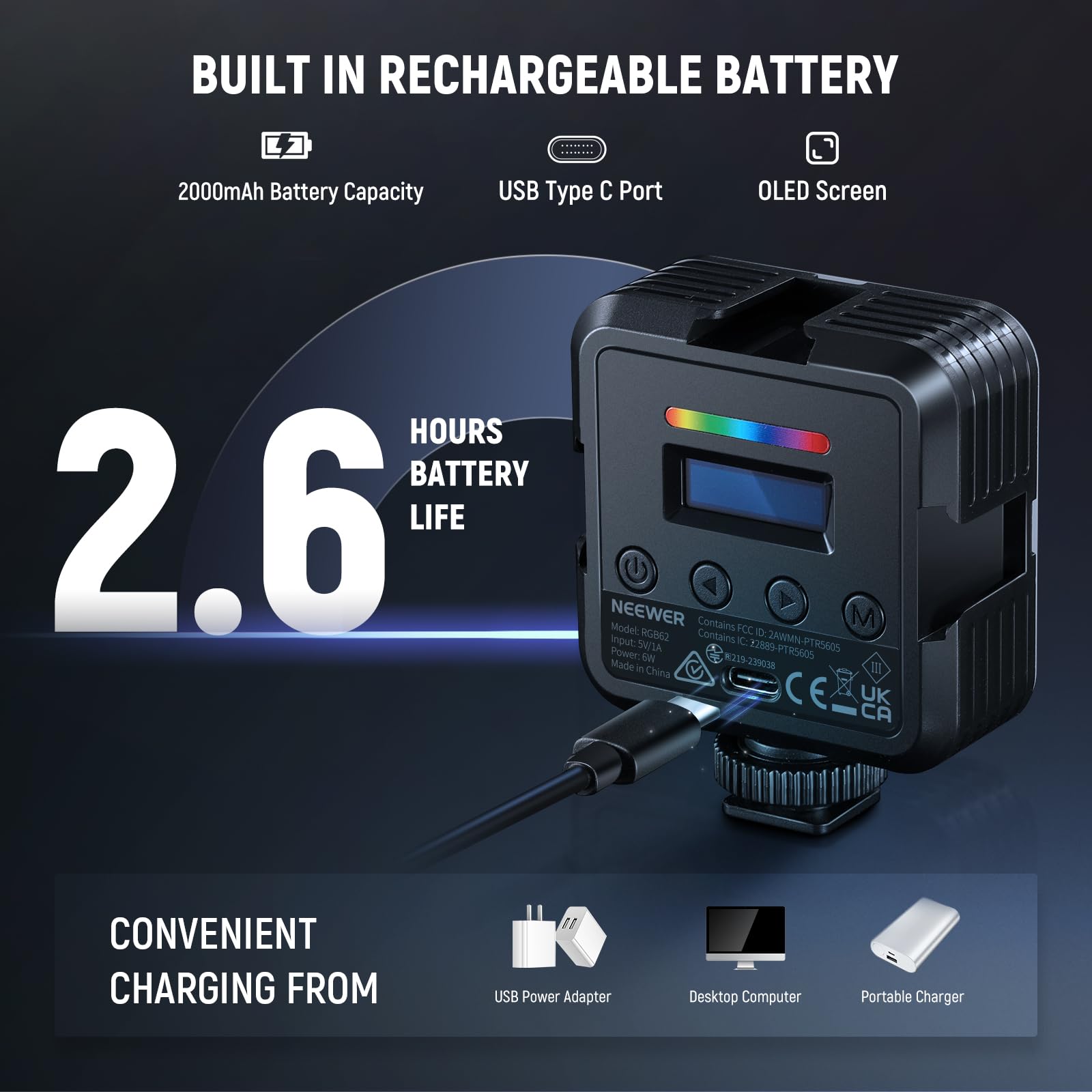 Foto 7 | Lámpara De Vídeo Rgb Neewer Rgb62 Con Control App Cri97+ 2500k-8500k - Venta Internacional.