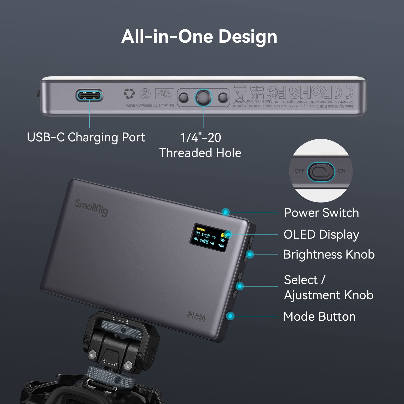 Foto 3 | Lámpara De Vídeo Smallrig Rm120 Rgb, 7 W, 5000 Mah, 180 Min, Batería - Venta Internacional.