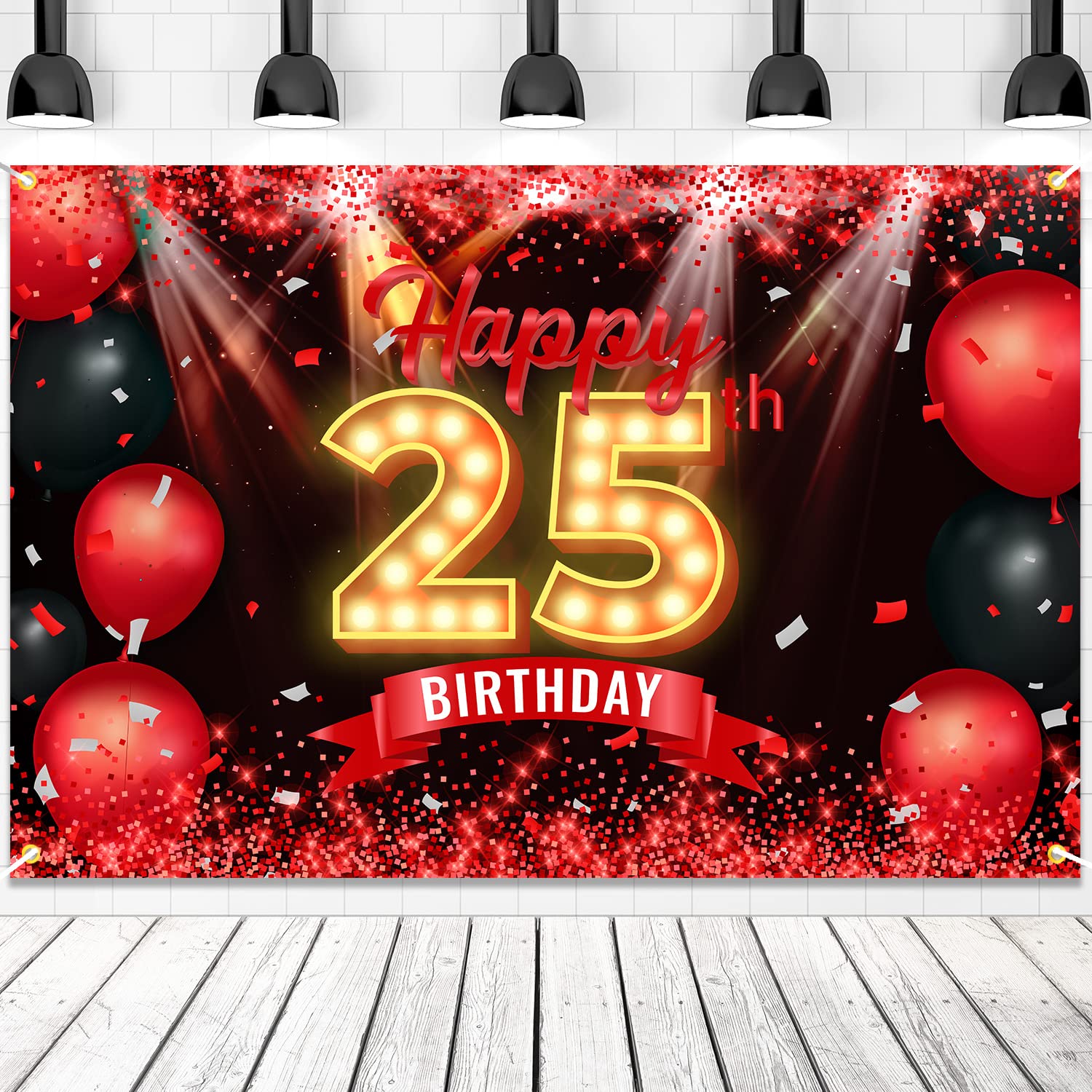 Cartel De Telón De Fondo Nc Happy 25 Birthday Rojo Y Negro - Venta Internacional.