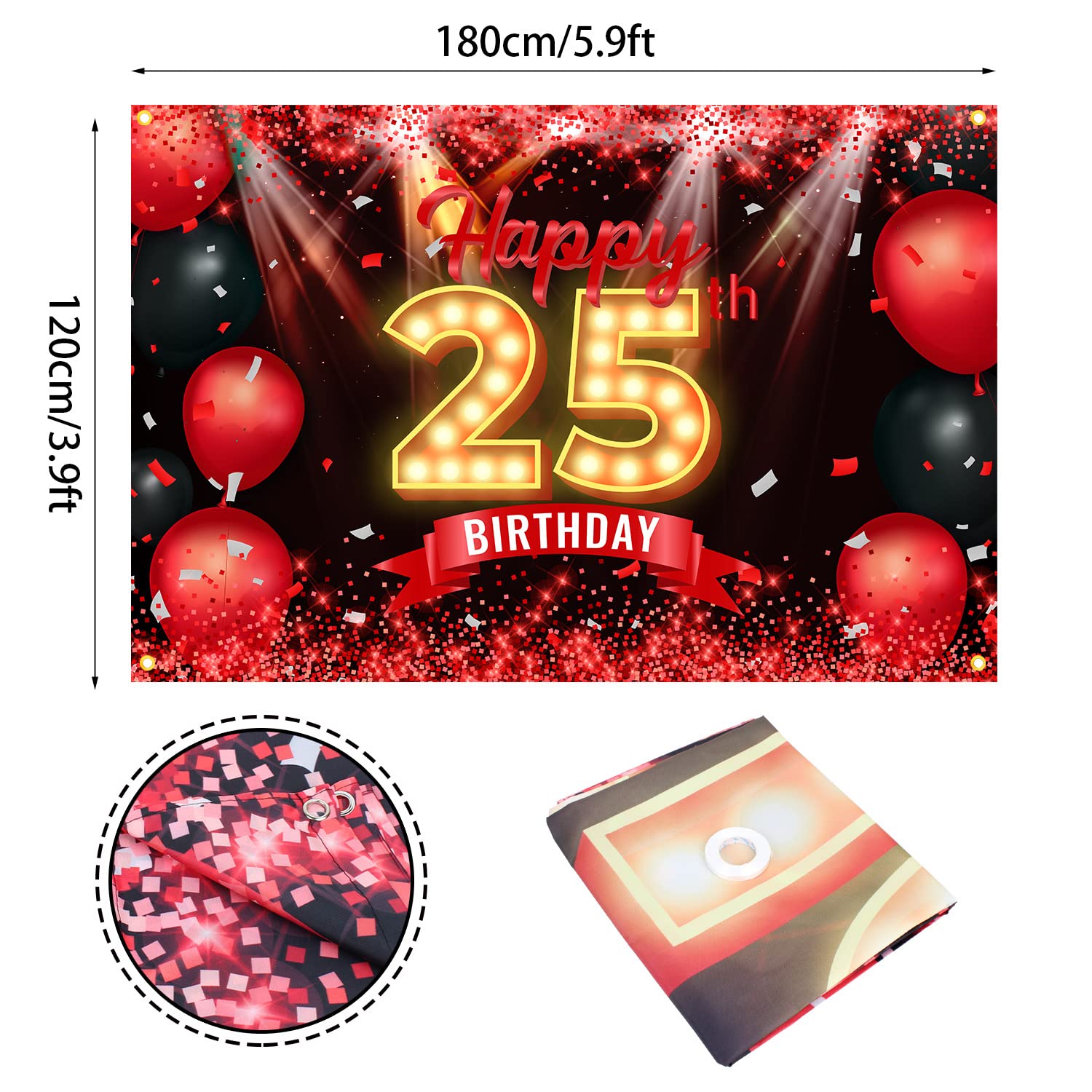 Foto 2 | Cartel De Telón De Fondo Nc Happy 25 Birthday Rojo Y Negro - Venta Internacional.