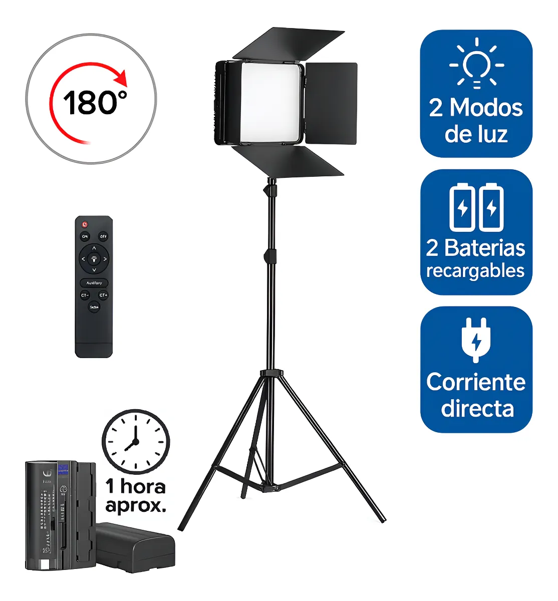 Panel LED Profesional 40W con Trípode 2.1m, Control Remoto y Batería Recargable – Luz Ajustable 3200K a 6500K