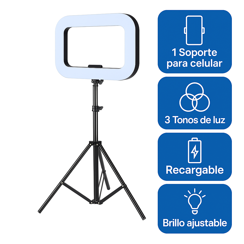 Foto 2 pulgar | Aro de Luz LED Rectangular Recargable con Trípode 2.1 m y Soporte Celular – 3 Tonos de Luz Regulable