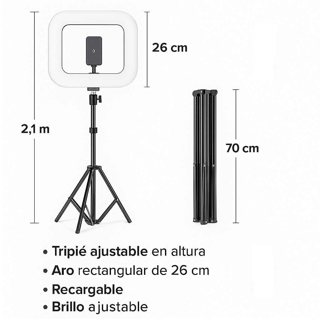 Foto 3 pulgar | Aro de Luz LED Rectangular Recargable con Trípode 2.1 m y Soporte Celular – 3 Tonos de Luz Regulable