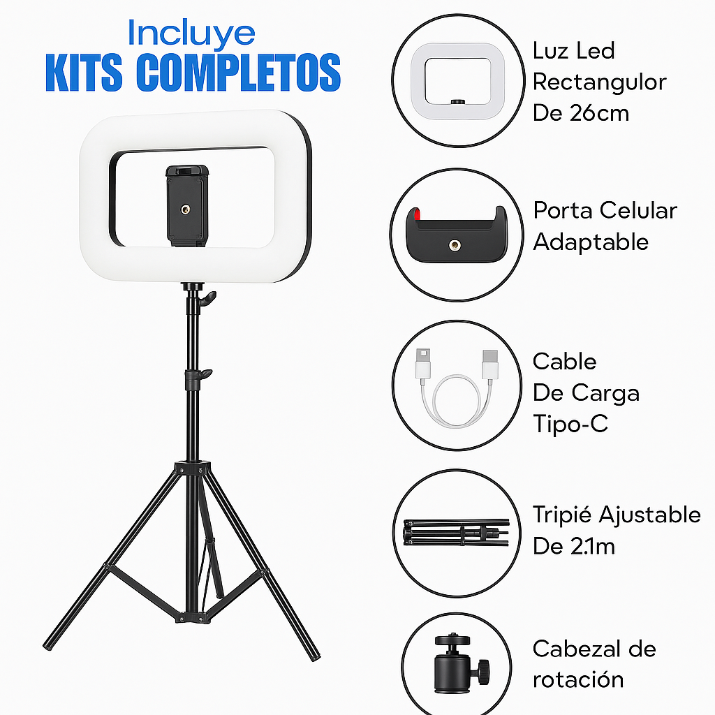 Foto 3 pulgar | Set 2 Aros De Luz Led Rectangular Recargable Con Trípode 2.1 m  Cabezal De Rotación Y Soporte Celular – 3
