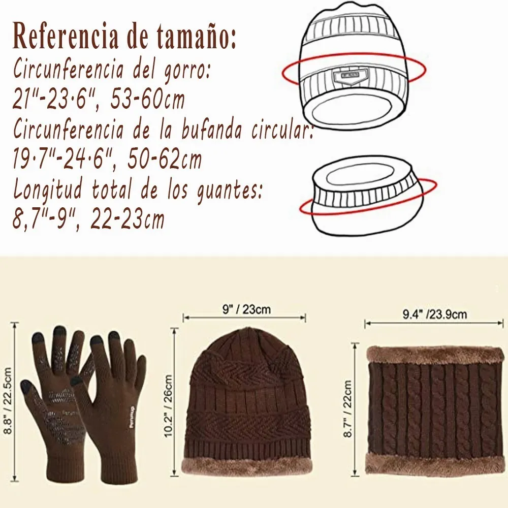 Foto 3 | Conjunto Gorro Bufanda Y Guantes De Lana Unisex Marron