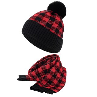 Foto 2 | Conjunto De Gorro De Invierno Huoguo De Punto A Cuadros Rojo Y Negro Unisex - Venta Internacional.
