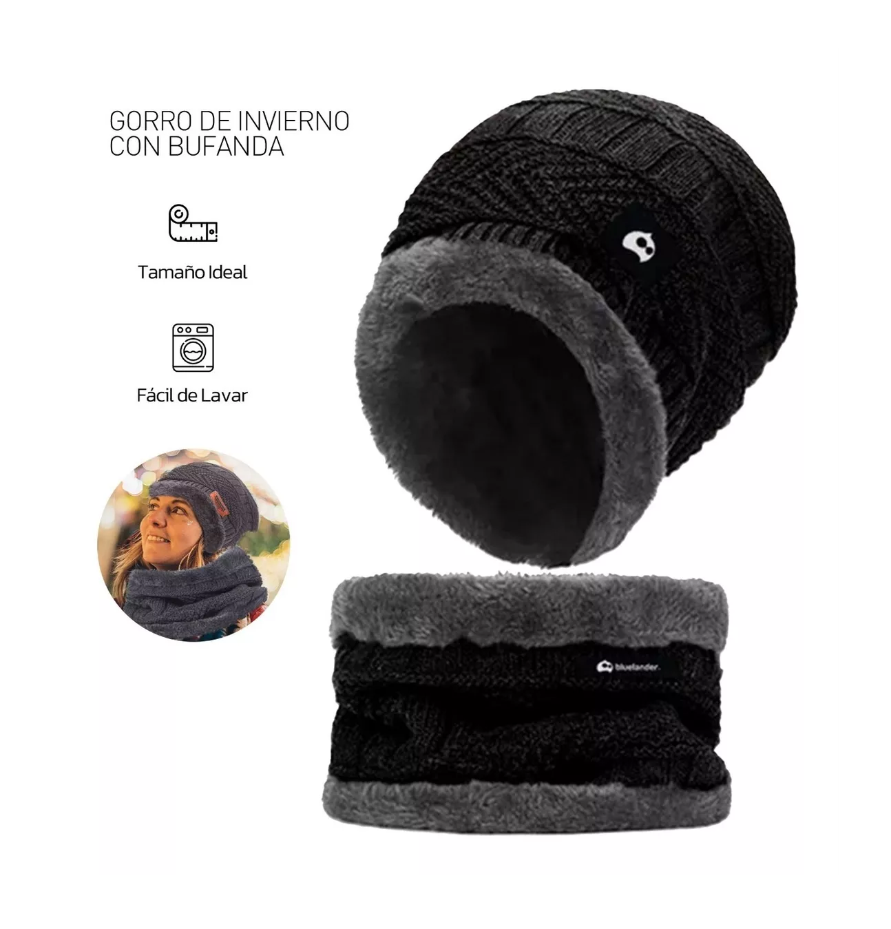 Foto 4 pulgar | Conjunto de Gorro y Bufanda Tejidos para Frio Invierno Unisex 2 pzas Negro