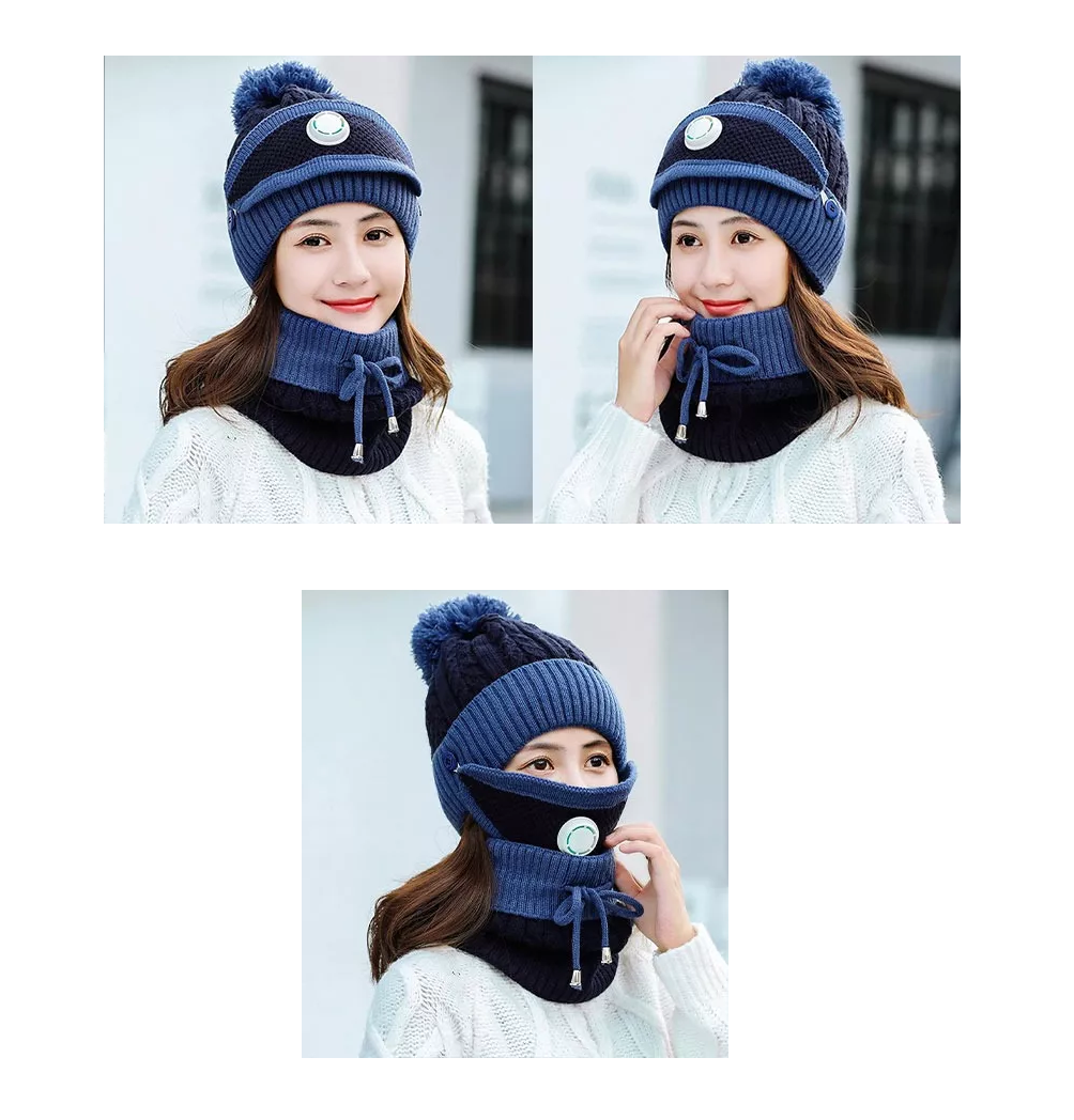 Foto 4 pulgar | Gorro Tejido Bufanda Cuello Invierno Para Frío Mujer 3 En 1, Azul