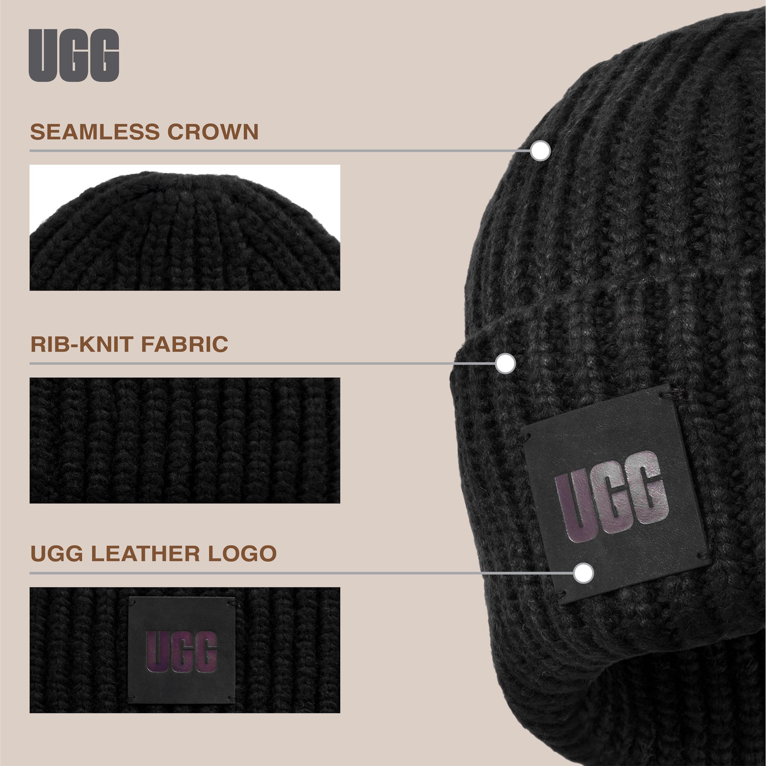 Foto 6 pulgar | Gorro Ugg Para Mujer Con Logotipo De Canalé Grueso Negro - Venta Internacional.