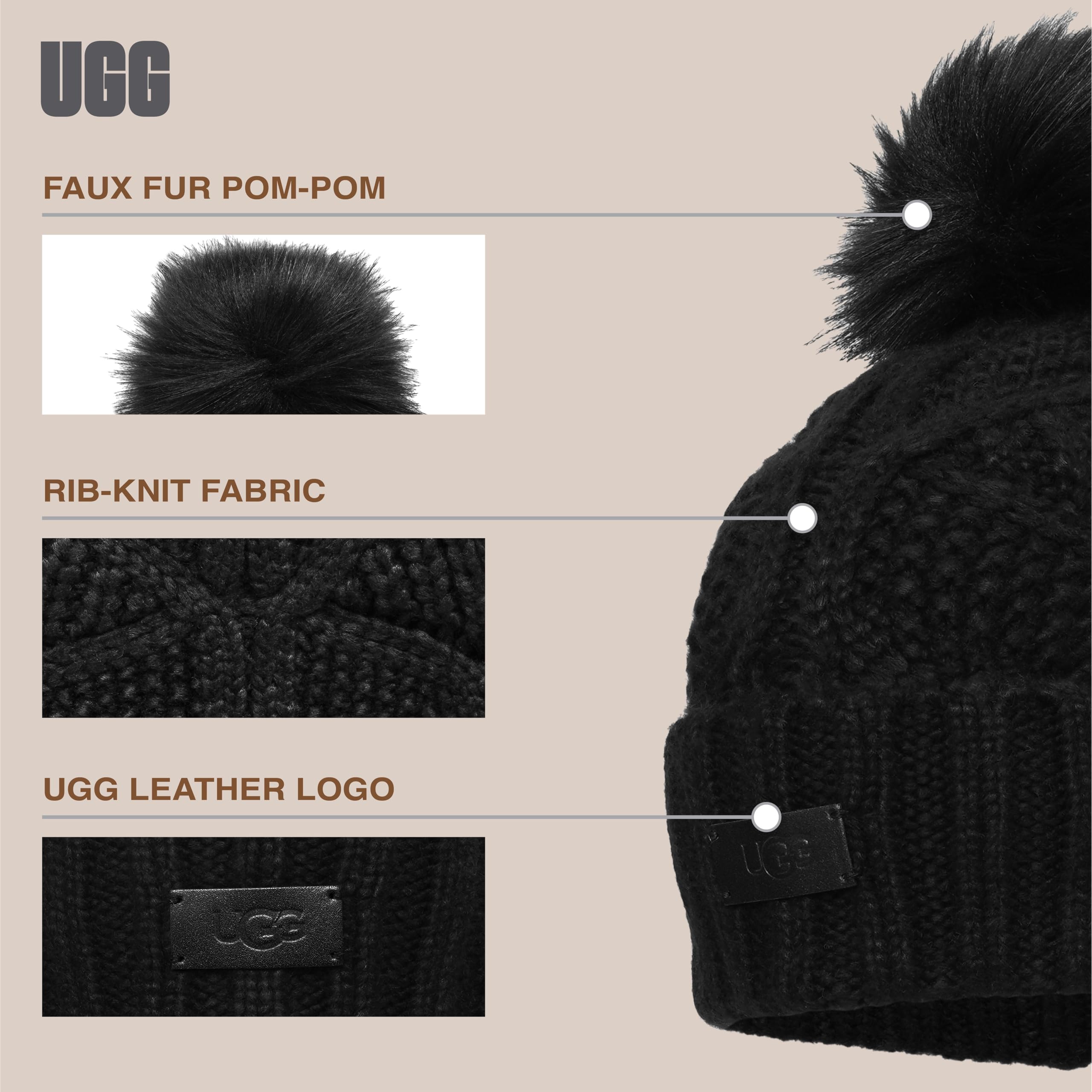 Foto 6 pulgar | Gorro Ugg Cable Con Pompón Para Mujer, Color Negro - Venta Internacional.